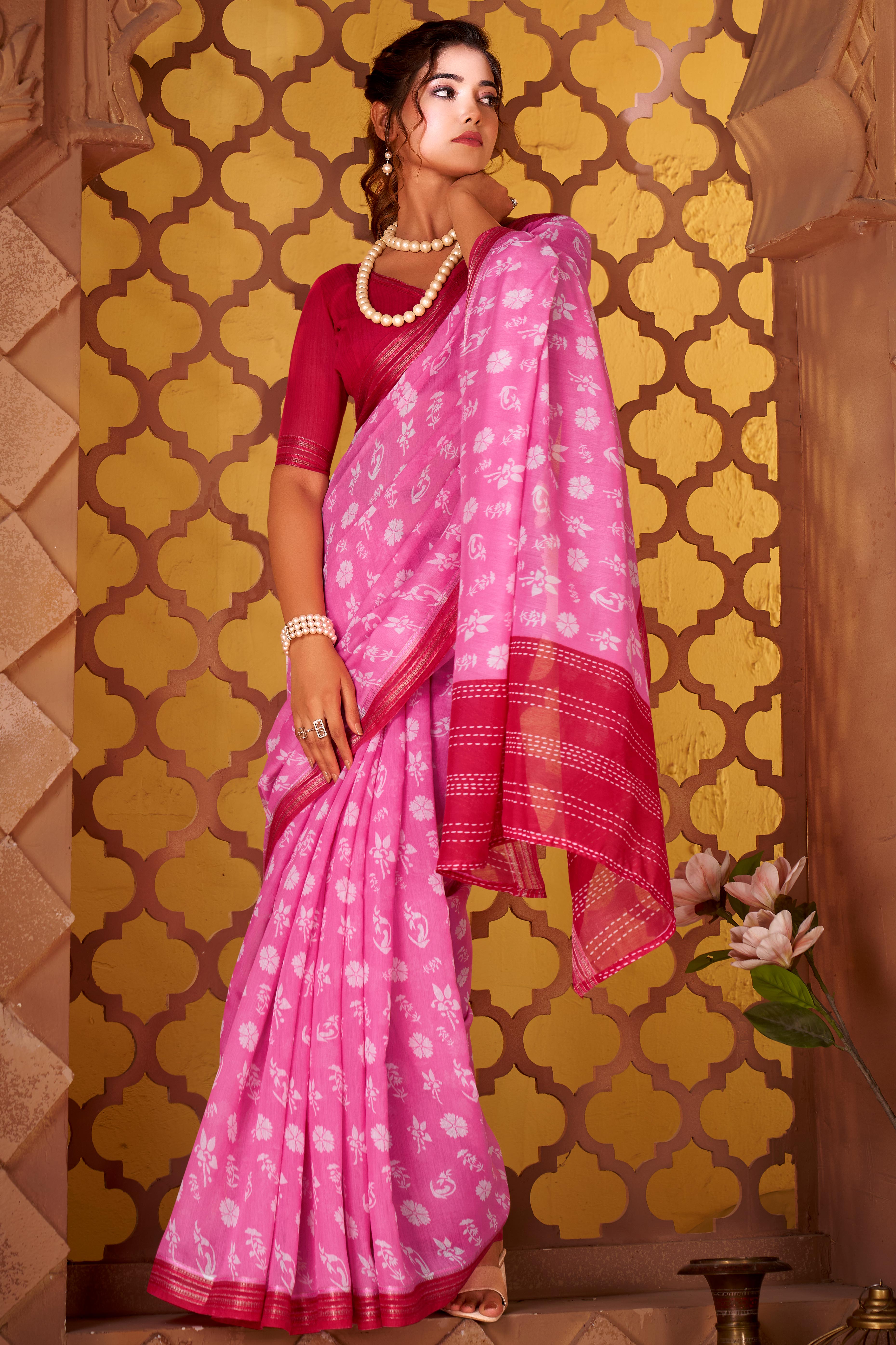 Sophisticated Pink Mulmul Cotton Saree Featuring Delicate Floral Prints & Weaving Border