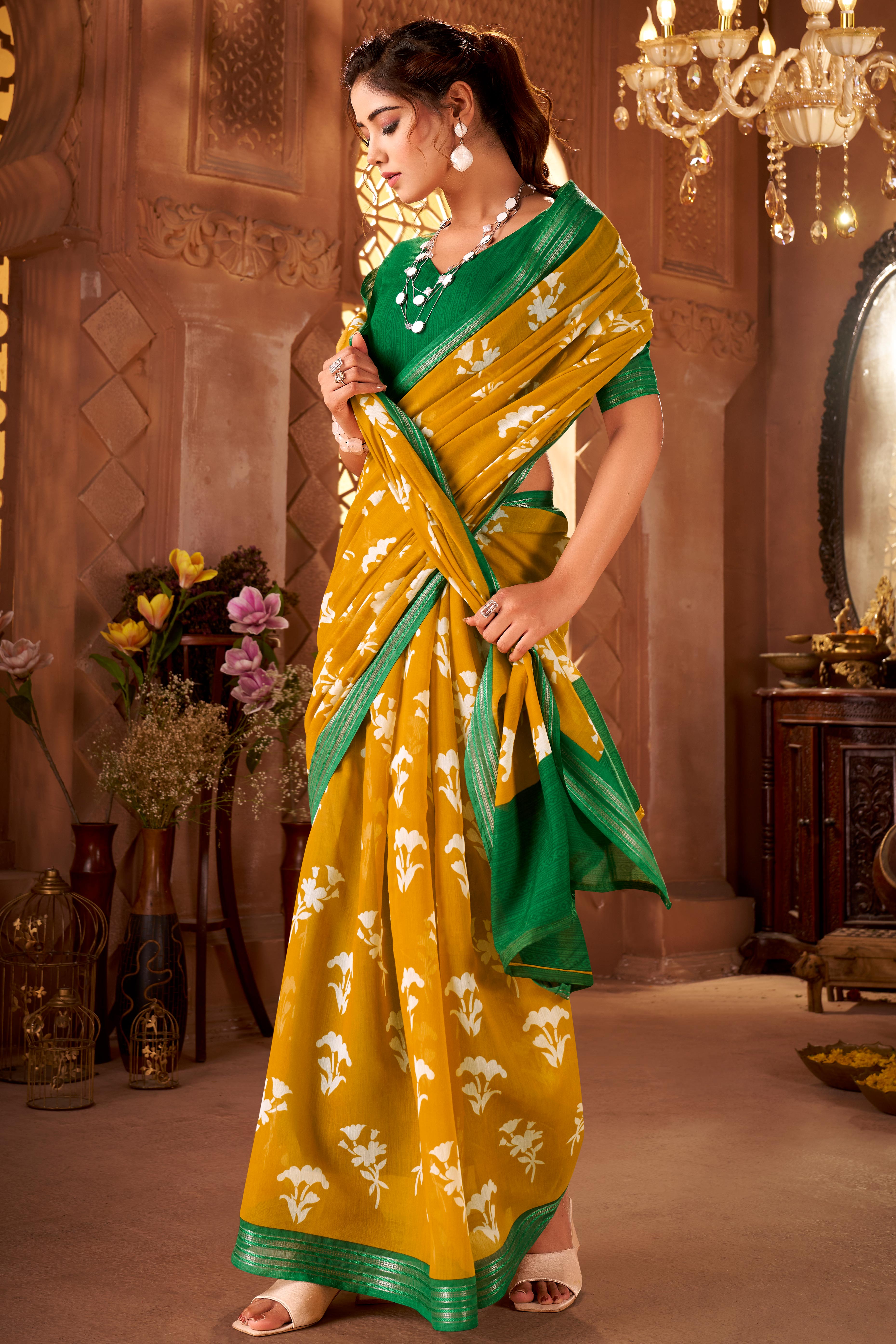 Sophisticated Mustard Mulmul Cotton Saree Featuring Delicate Floral Prints & Weaving Border