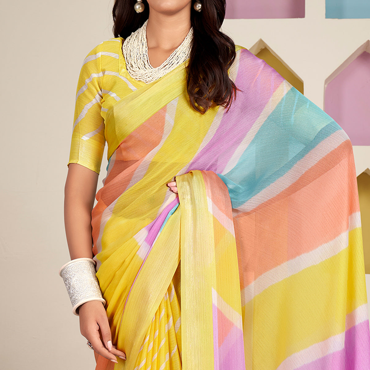 Yellow Printed Chiffon Saree