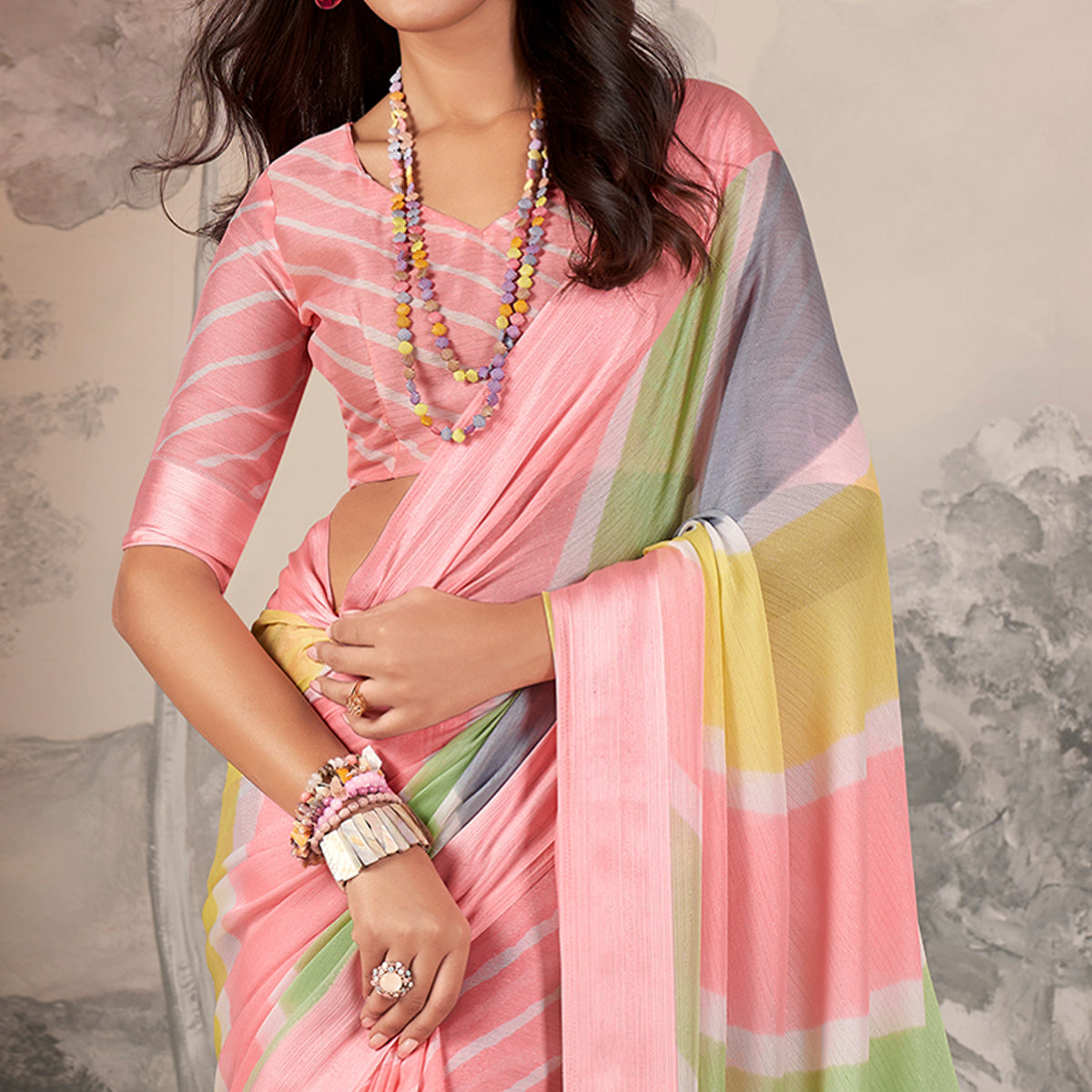 Peach Printed Chiffon Saree