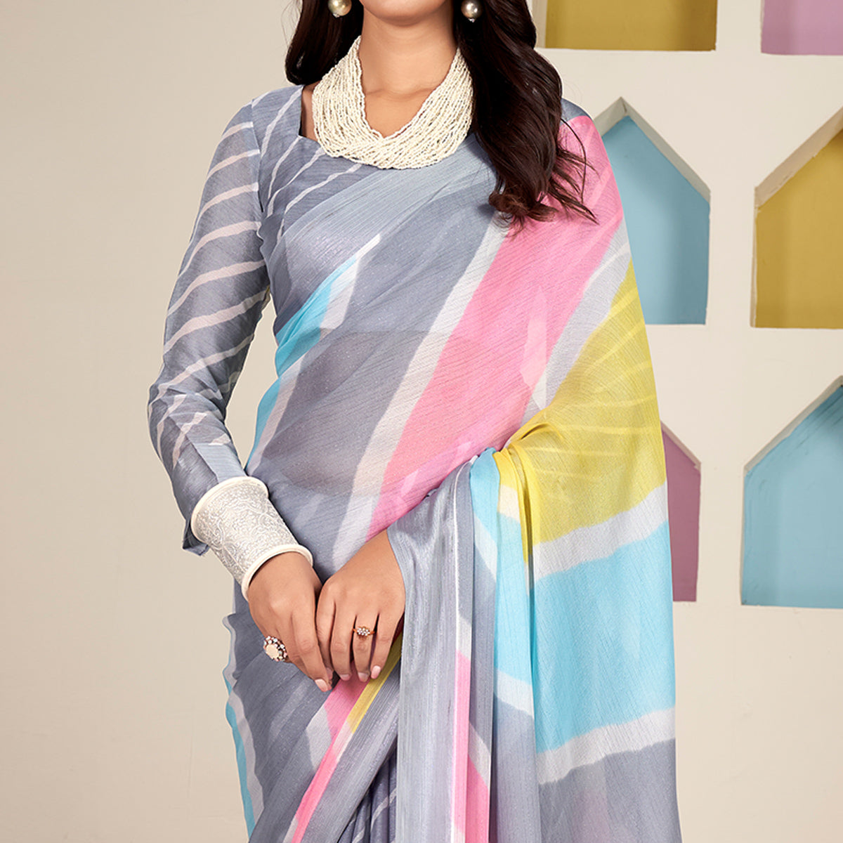 Grey Printed Chiffon Saree