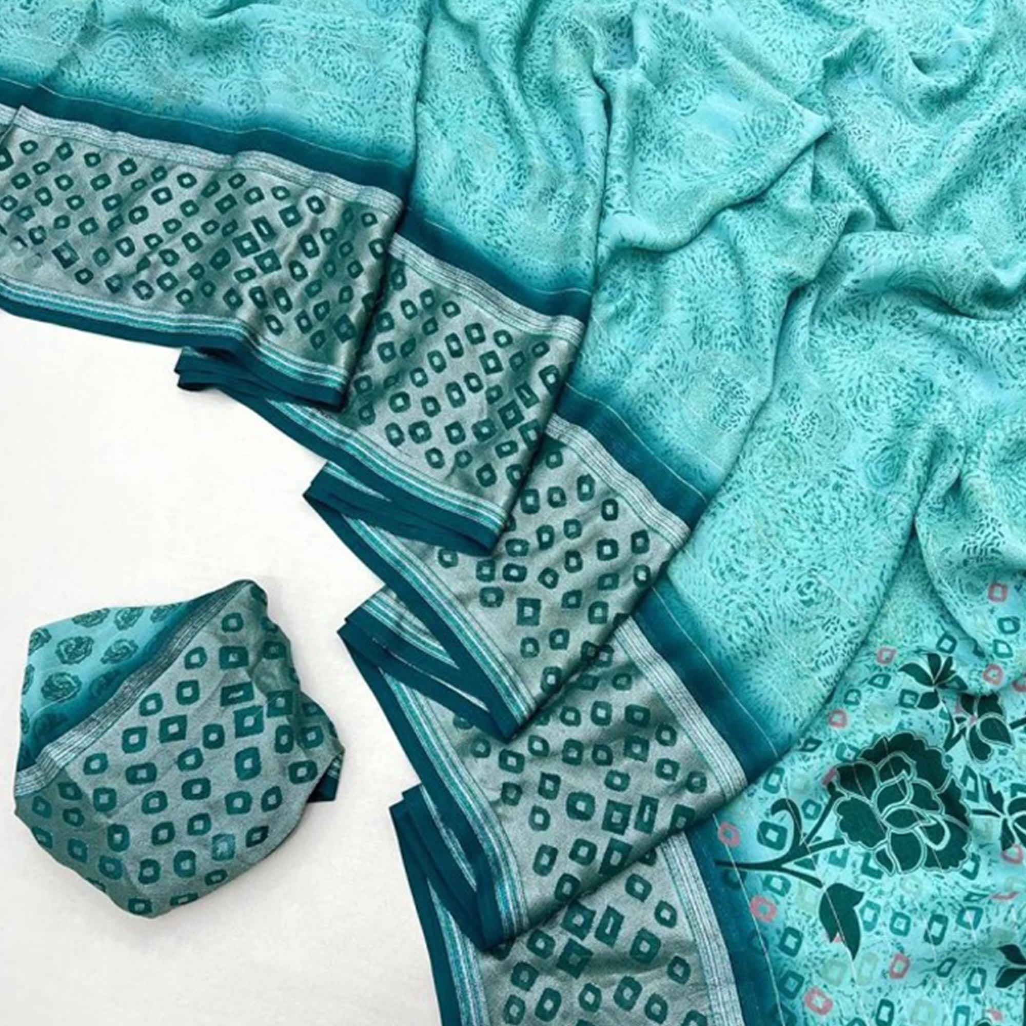 Turquoise Floral Printed Chiffon Saree