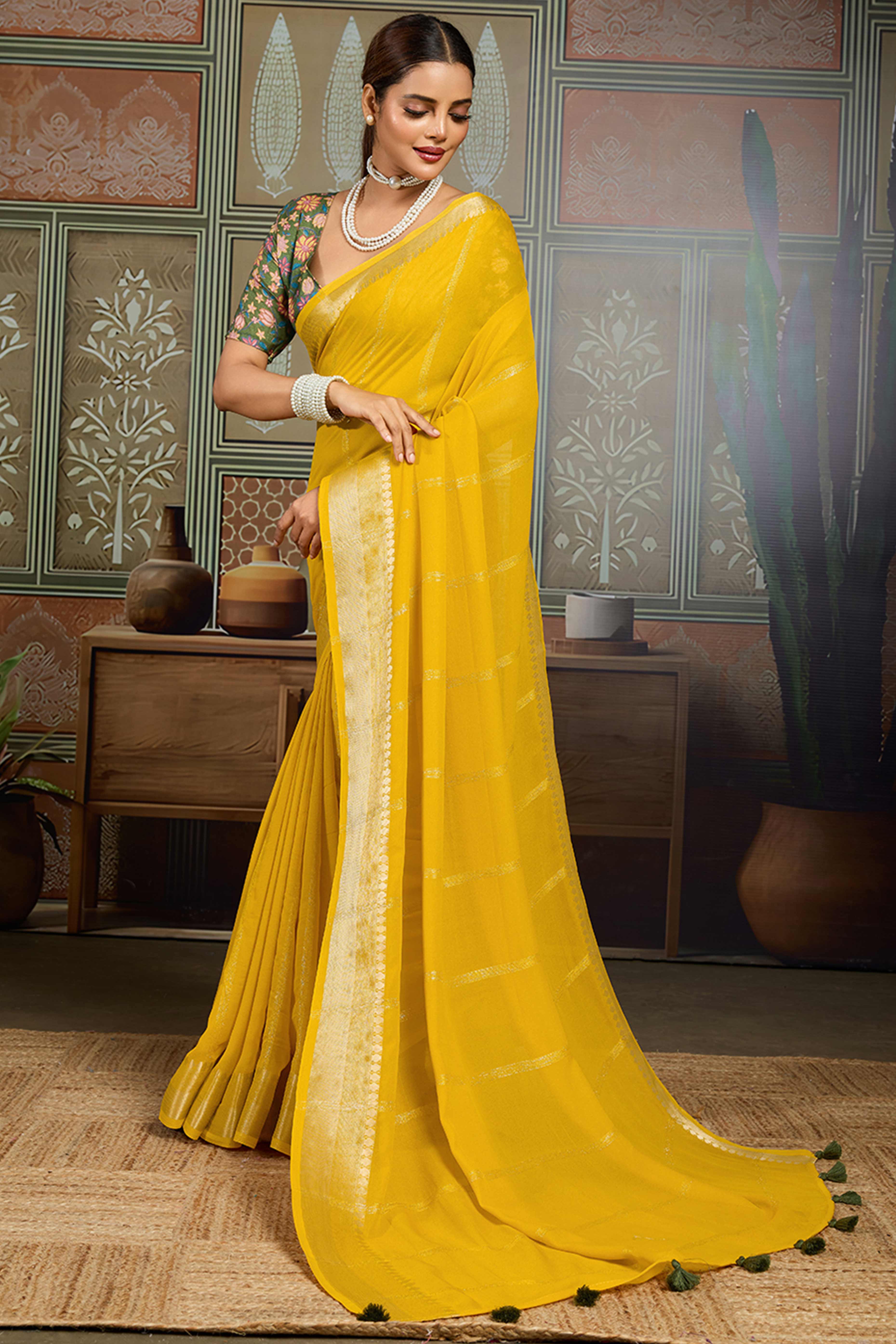Yellow Striped Pattern Bemberg Saree Adorned With Intricate Zari Weaving & Graceful Tassel Pallu