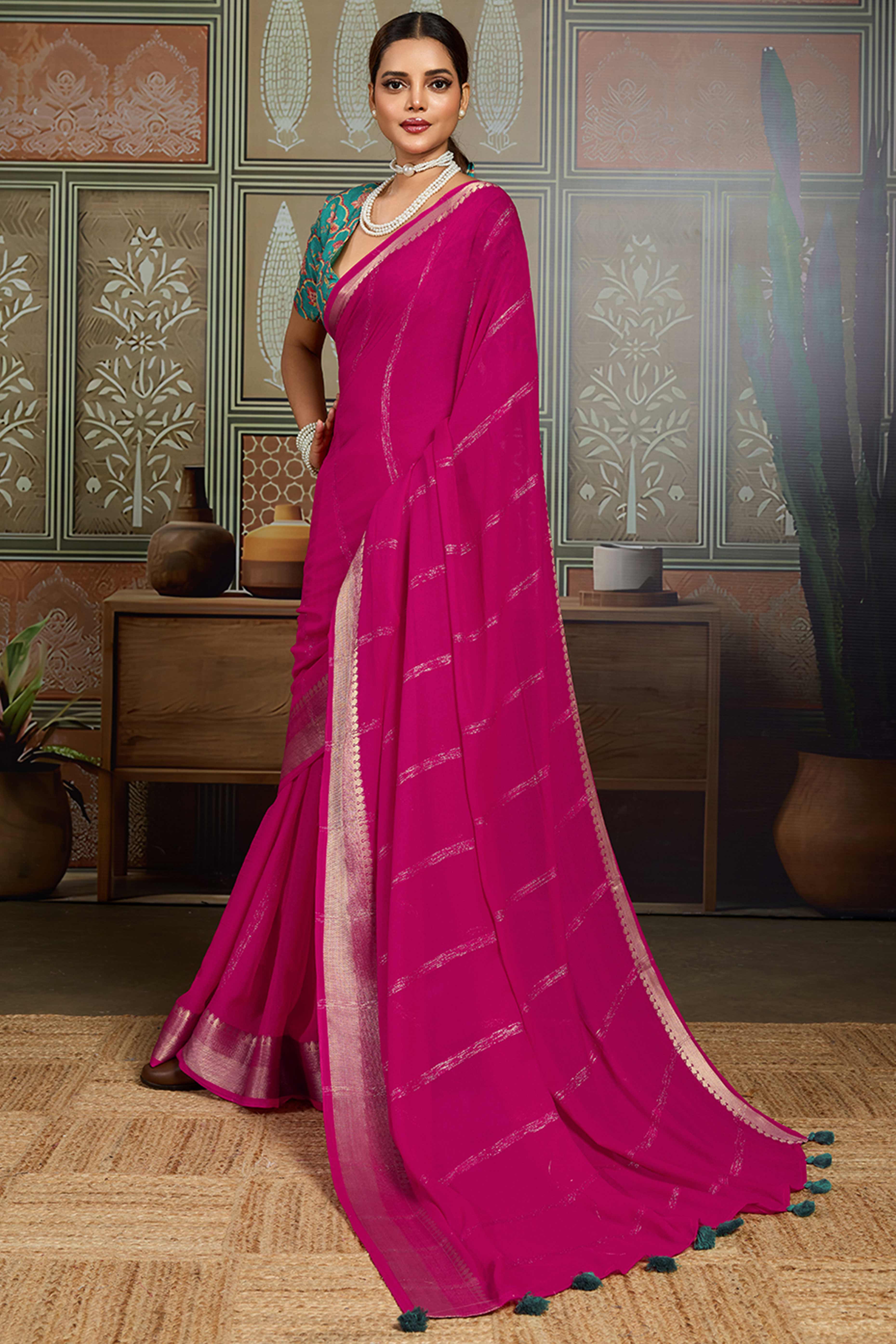 Rani Pink Striped Pattern Bemberg Saree Adorned With Intricate Zari Weaving & Graceful Tassel Pallu