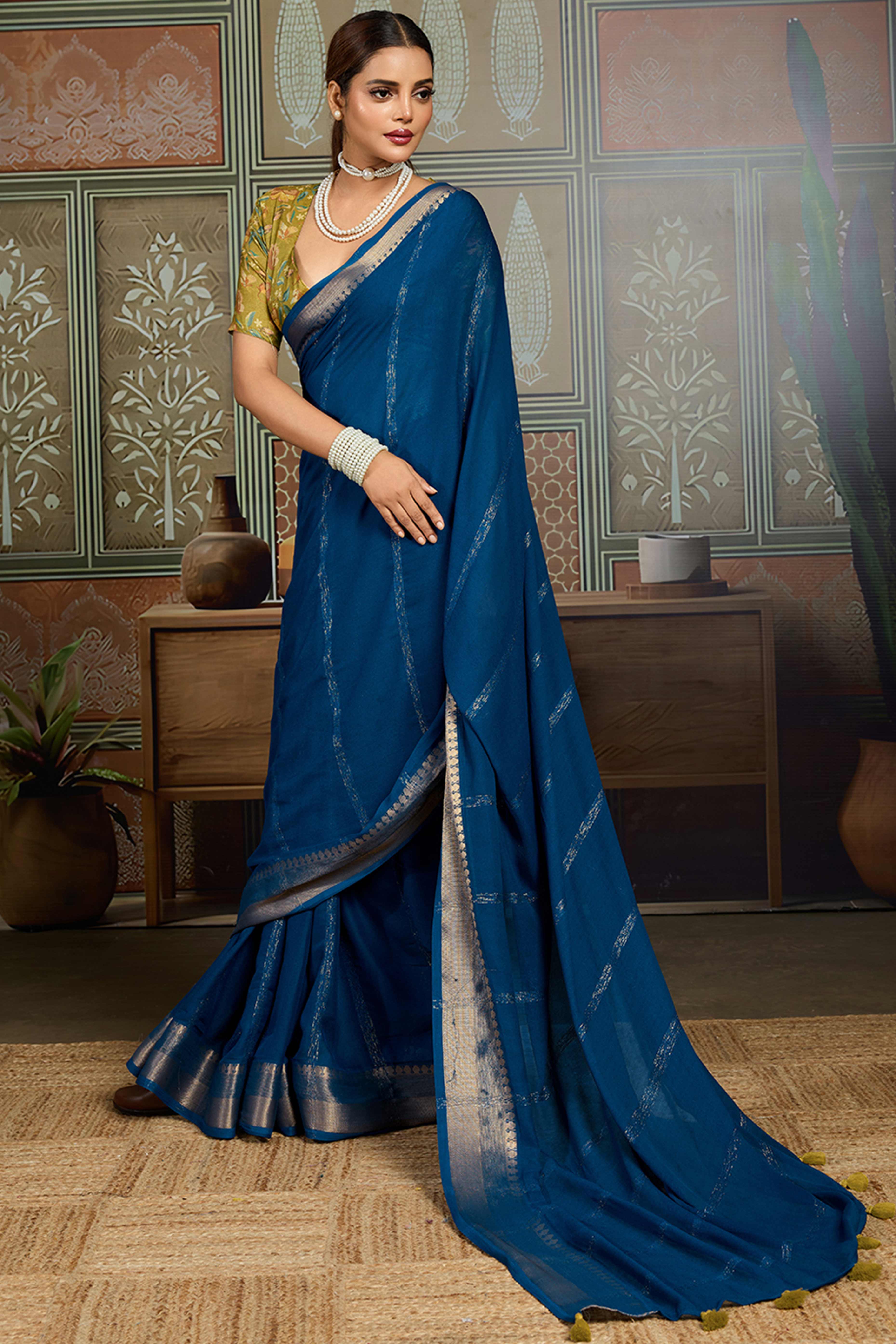 Blue Striped Pattern Bemberg Saree Adorned With Intricate Zari Weaving & Graceful Tassel Pallu