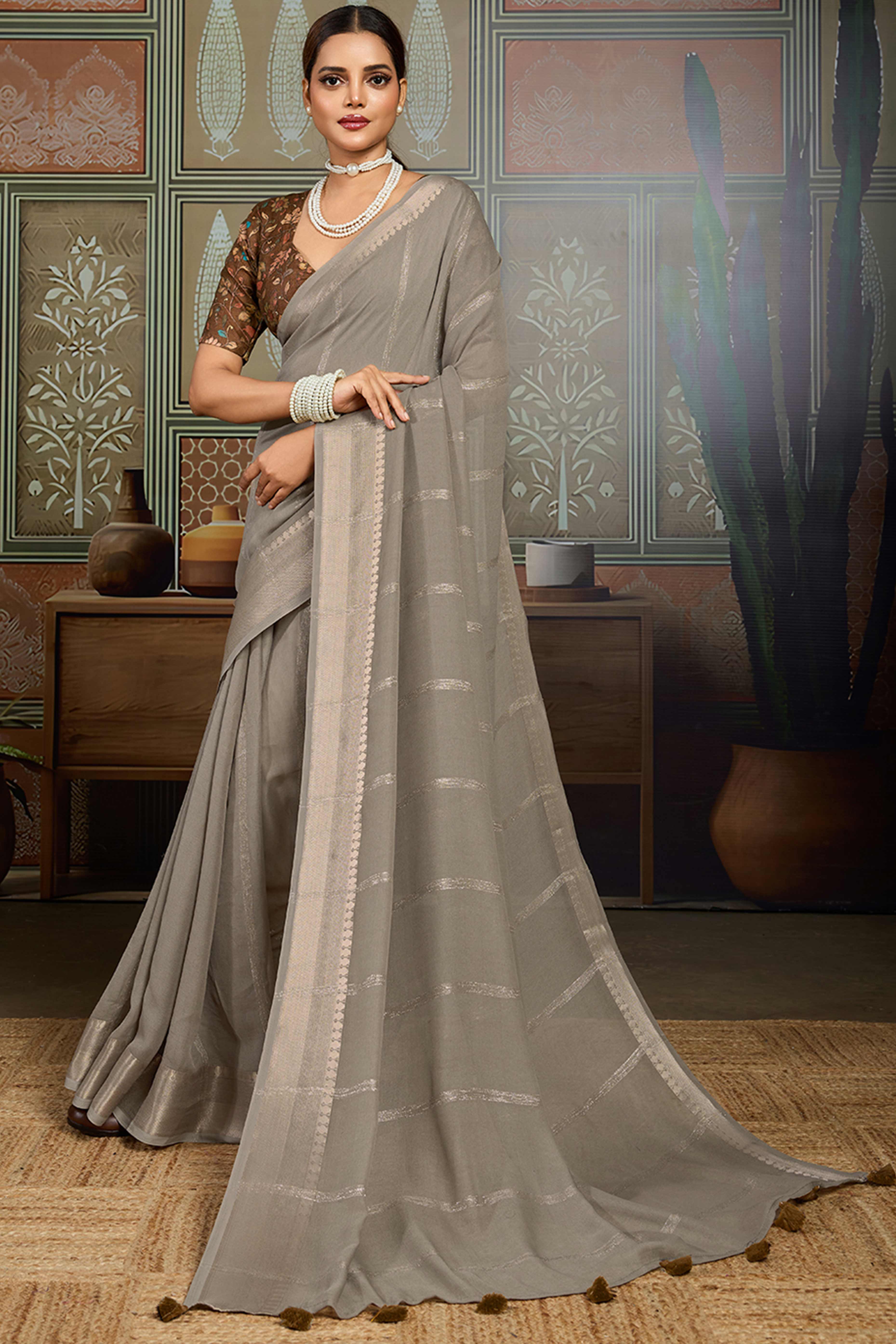 Grey Striped Pattern Bemberg Saree Adorned With Intricate Zari Weaving & Graceful Tassel Pallu