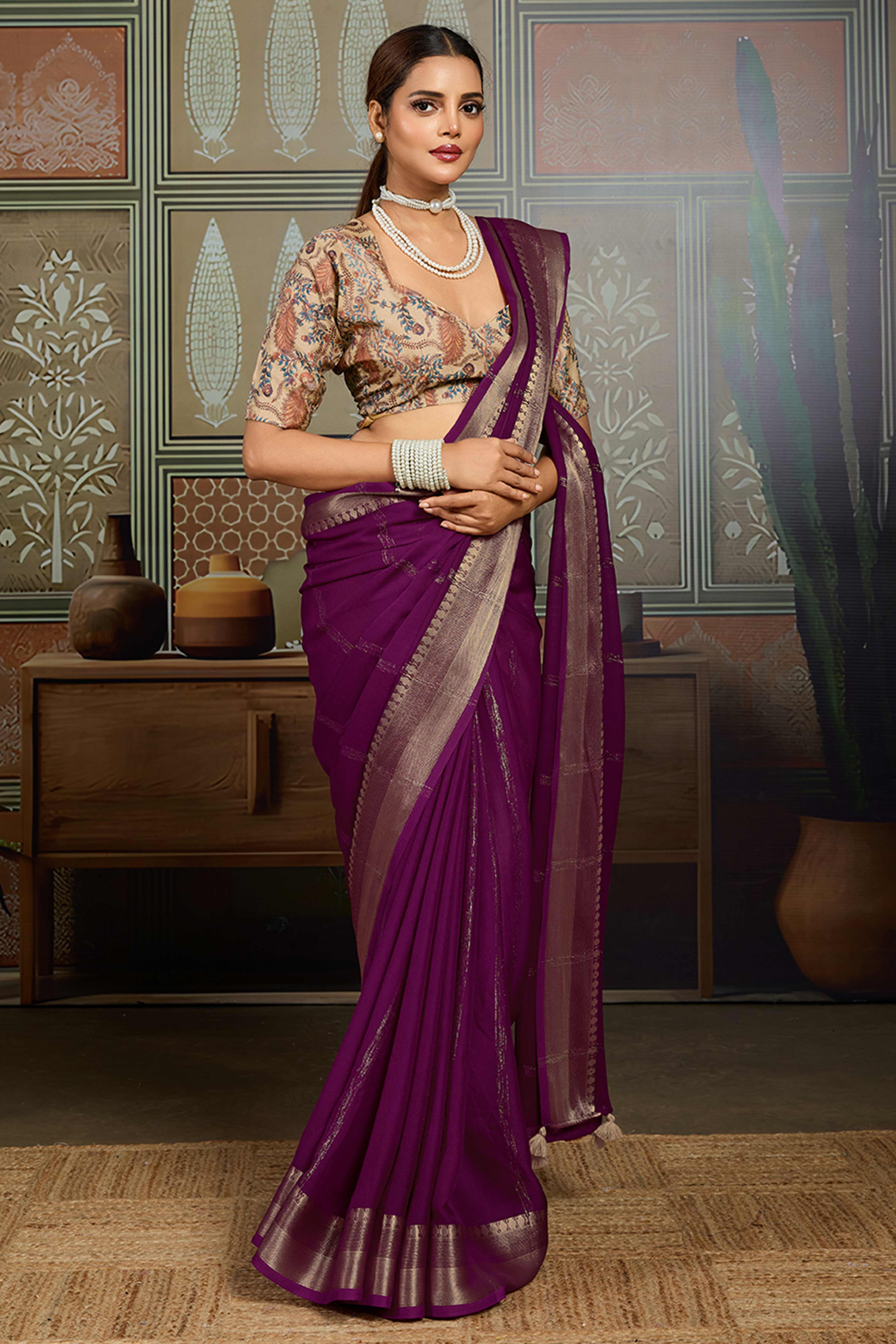 Purple Striped Pattern Bemberg Saree Adorned With Intricate Zari Weaving & Graceful Tassel Pallu