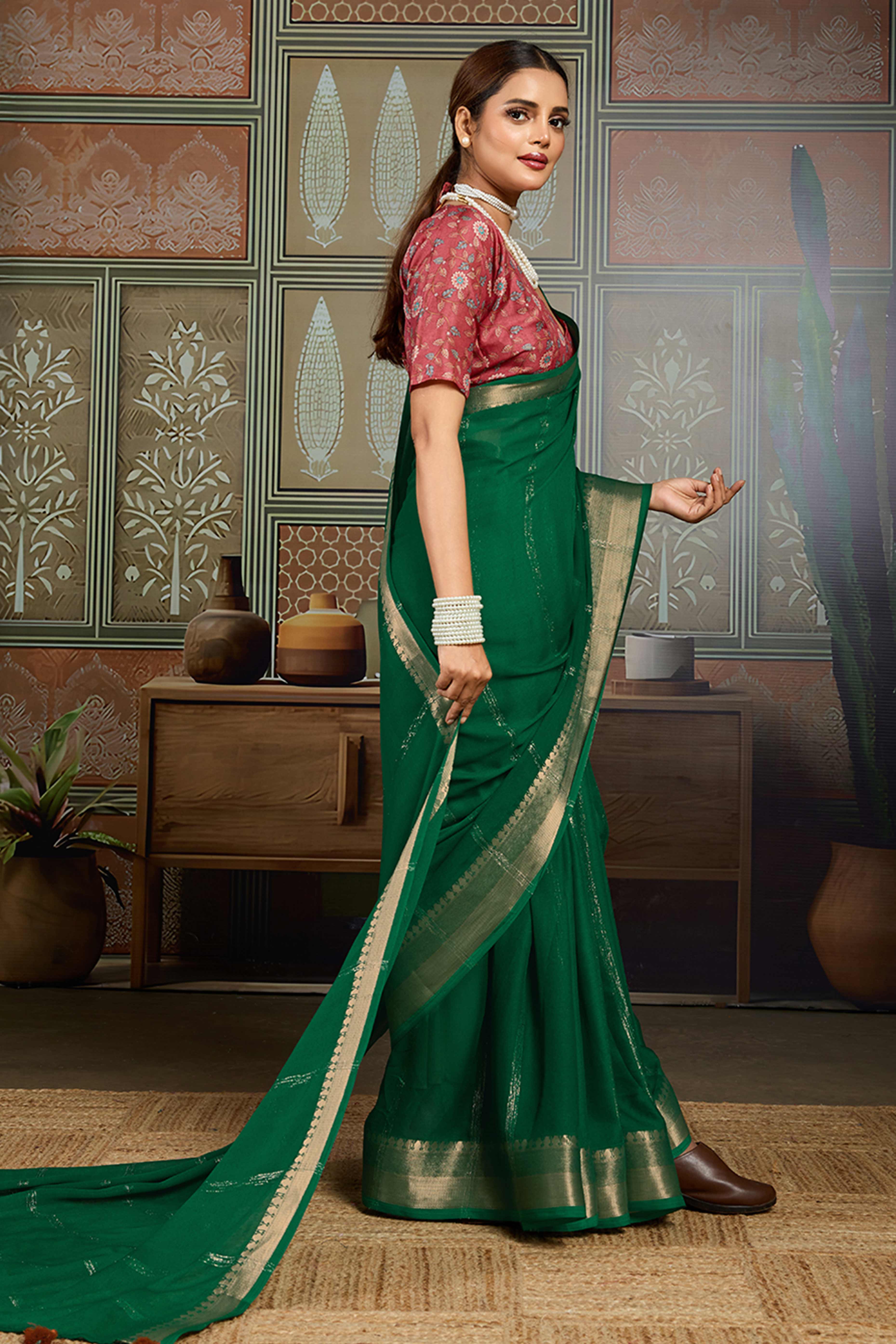 Green Striped Pattern Bemberg Saree Adorned With Intricate Zari Weaving & Graceful Tassel Pallu