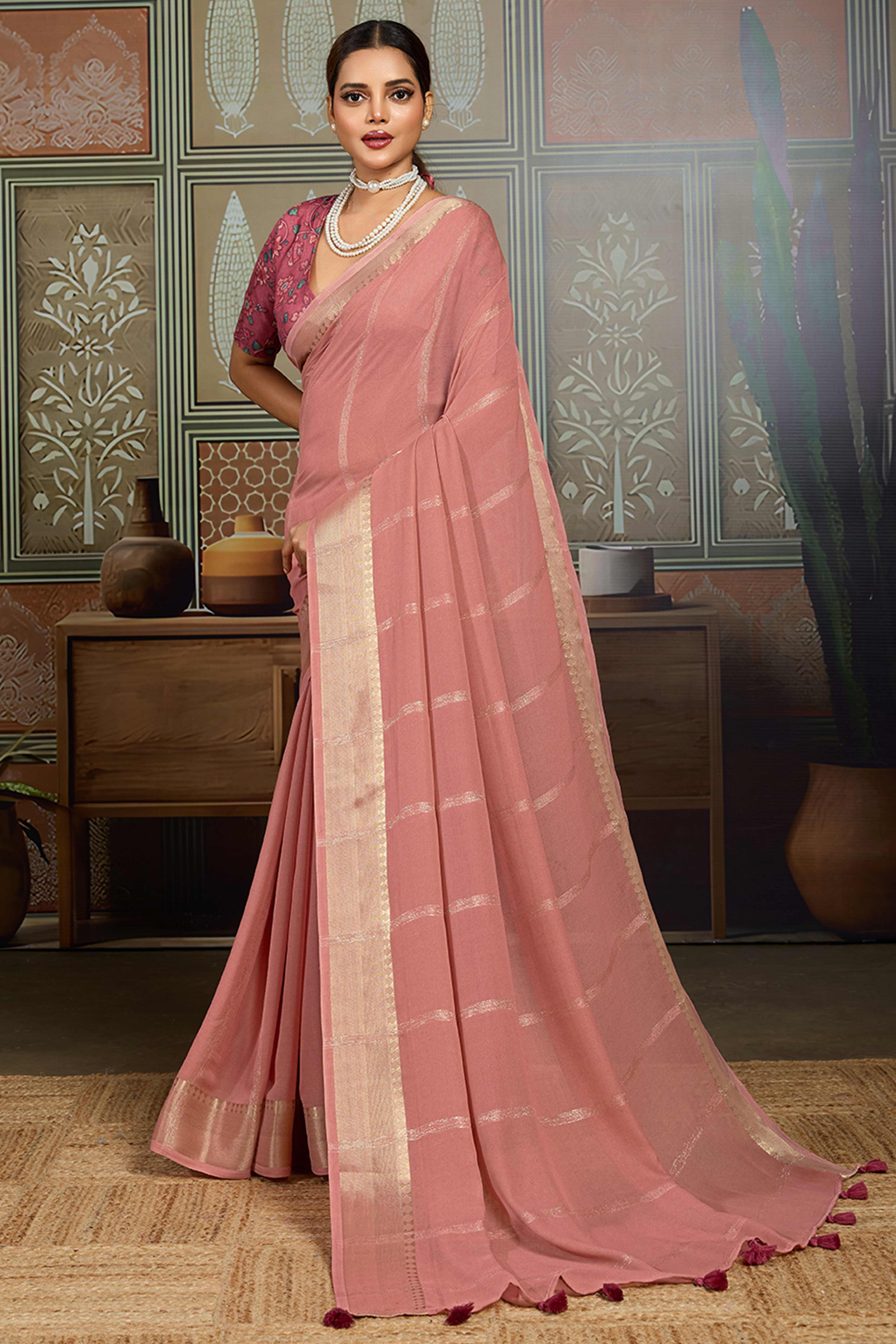 Pink Striped Pattern Bemberg Saree Adorned With Intricate Zari Weaving & Graceful Tassel Pallu