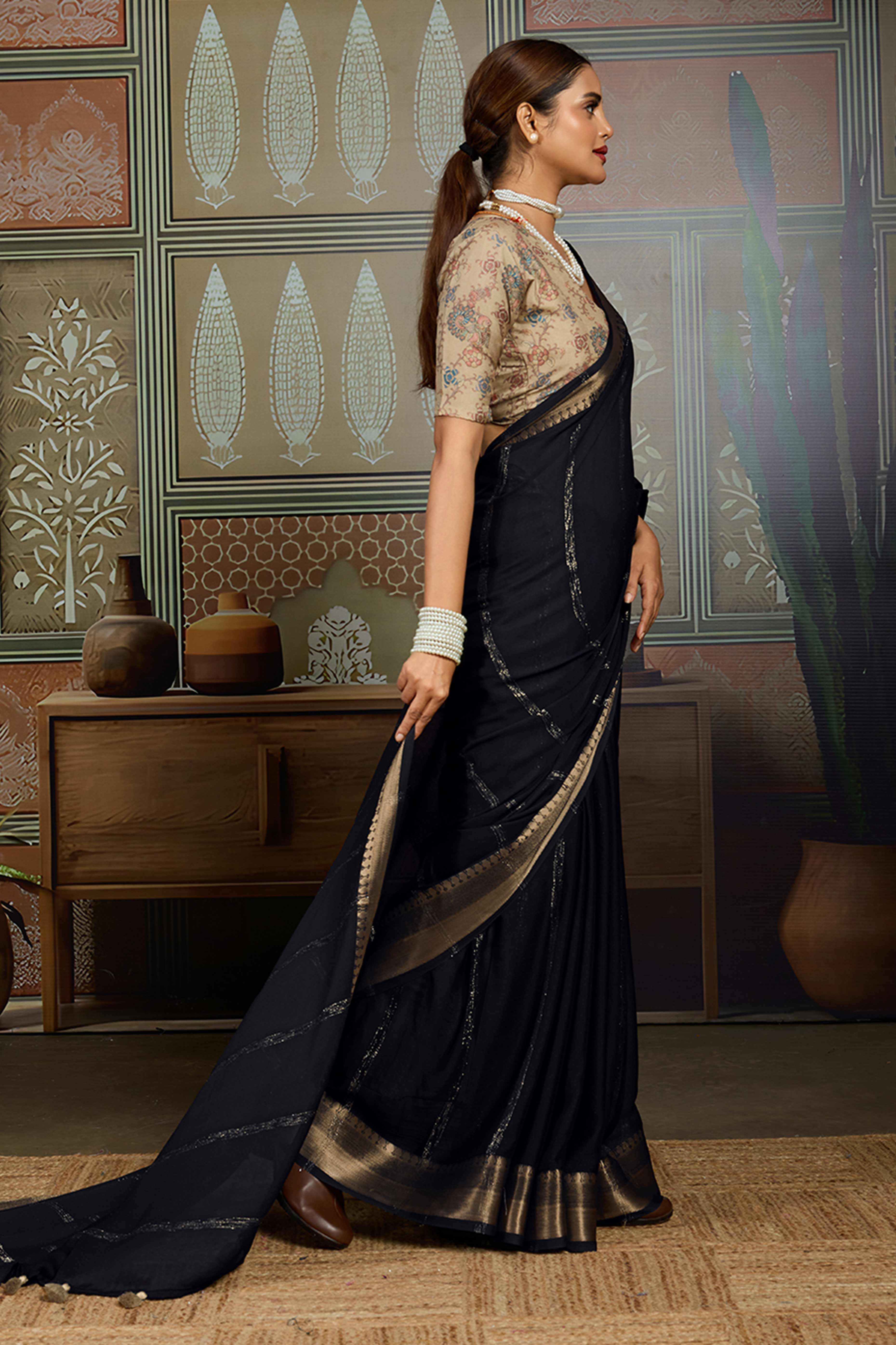 Black Striped Pattern Bemberg Saree Adorned With Intricate Zari Weaving & Graceful Tassel Pallu