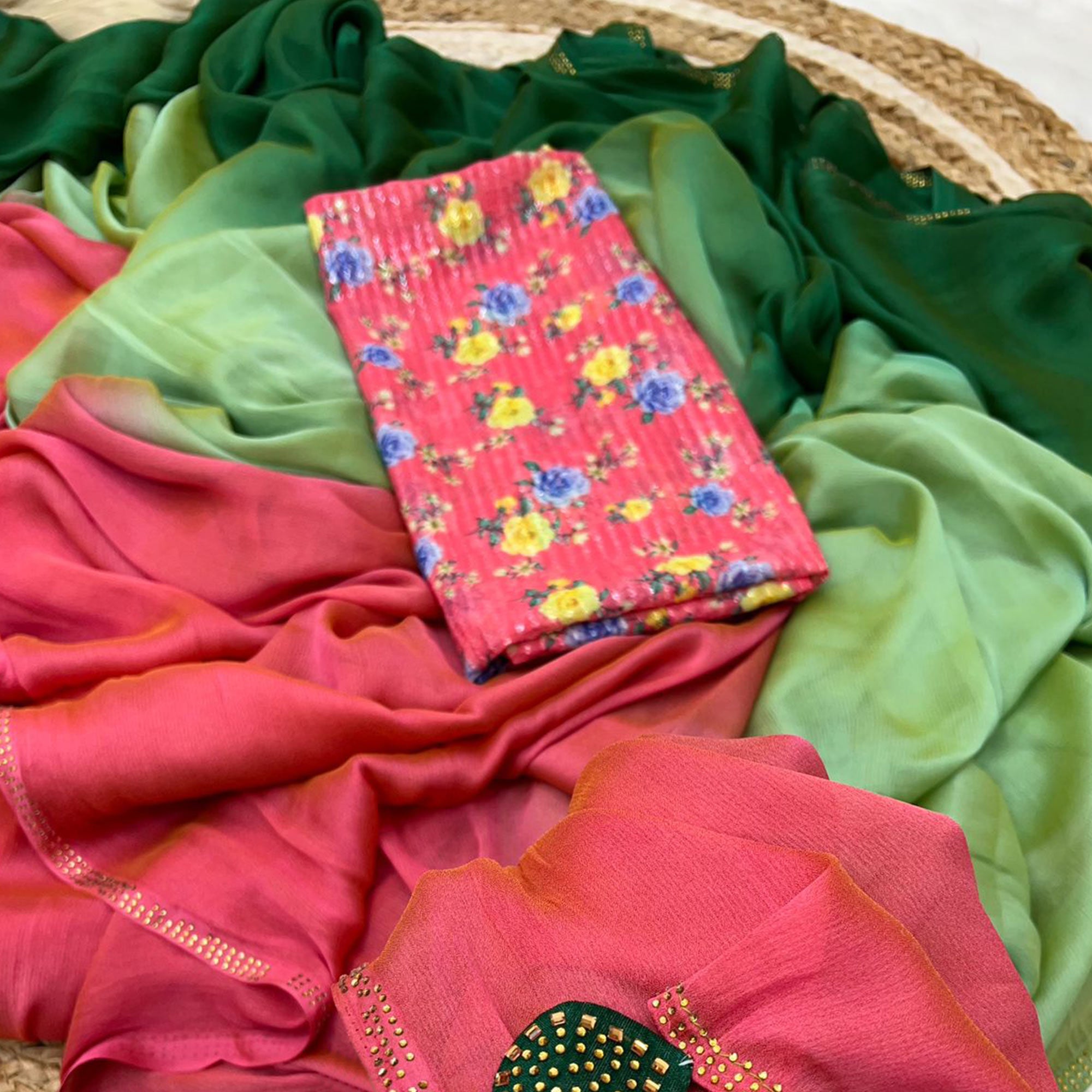 Multicolor Ombre Printed Chiffon Saree