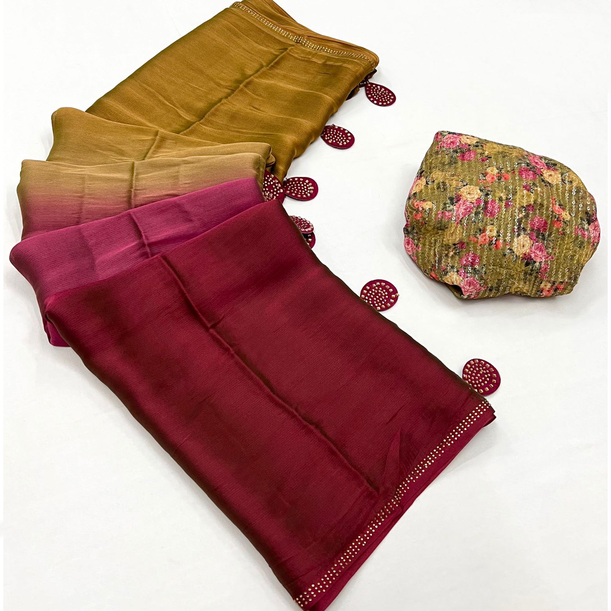 Maroon & Green Printed With Swarovski Work Chiffon Ombre Saree