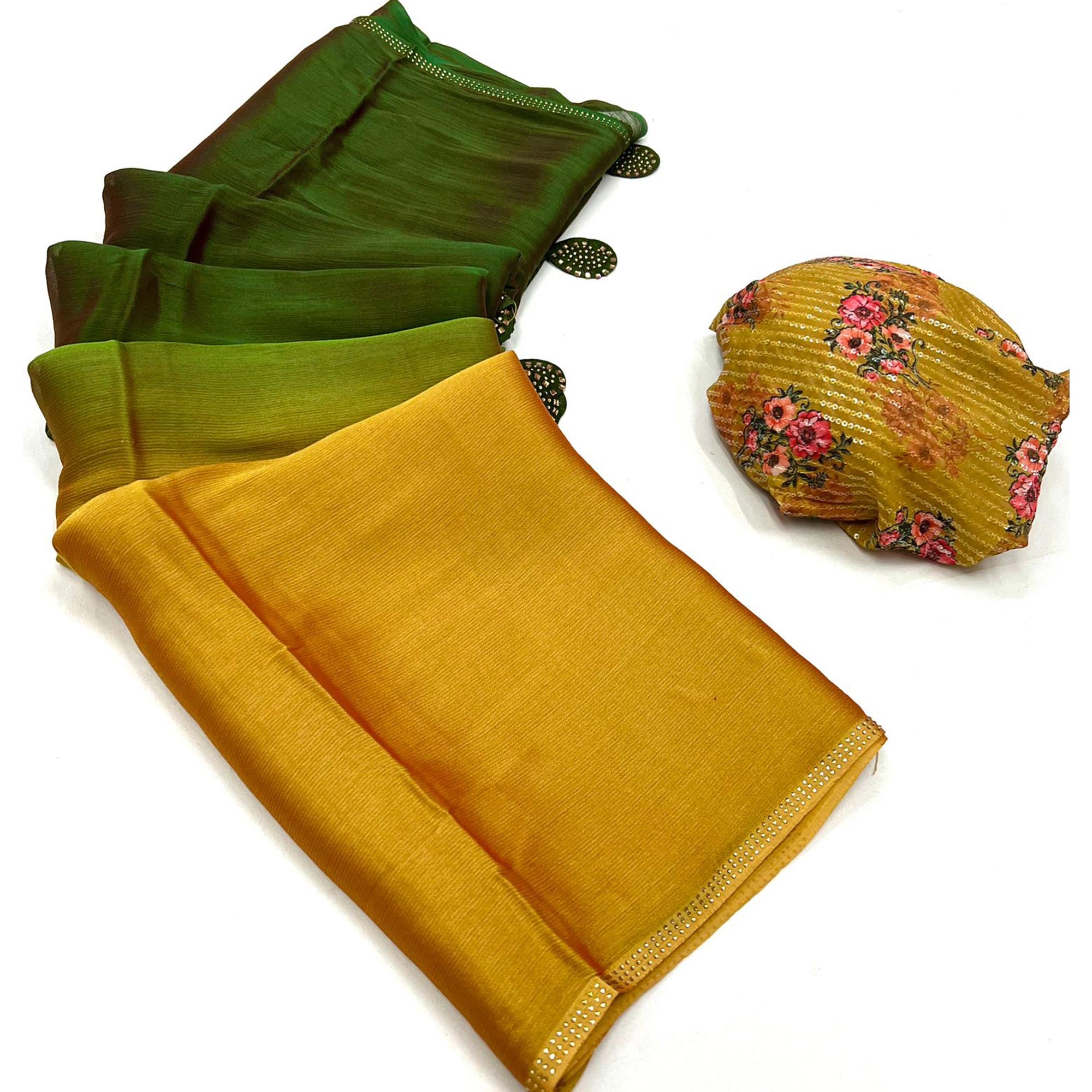 Green & Mustard Printed With Swarovski Work Chiffon Ombre Saree