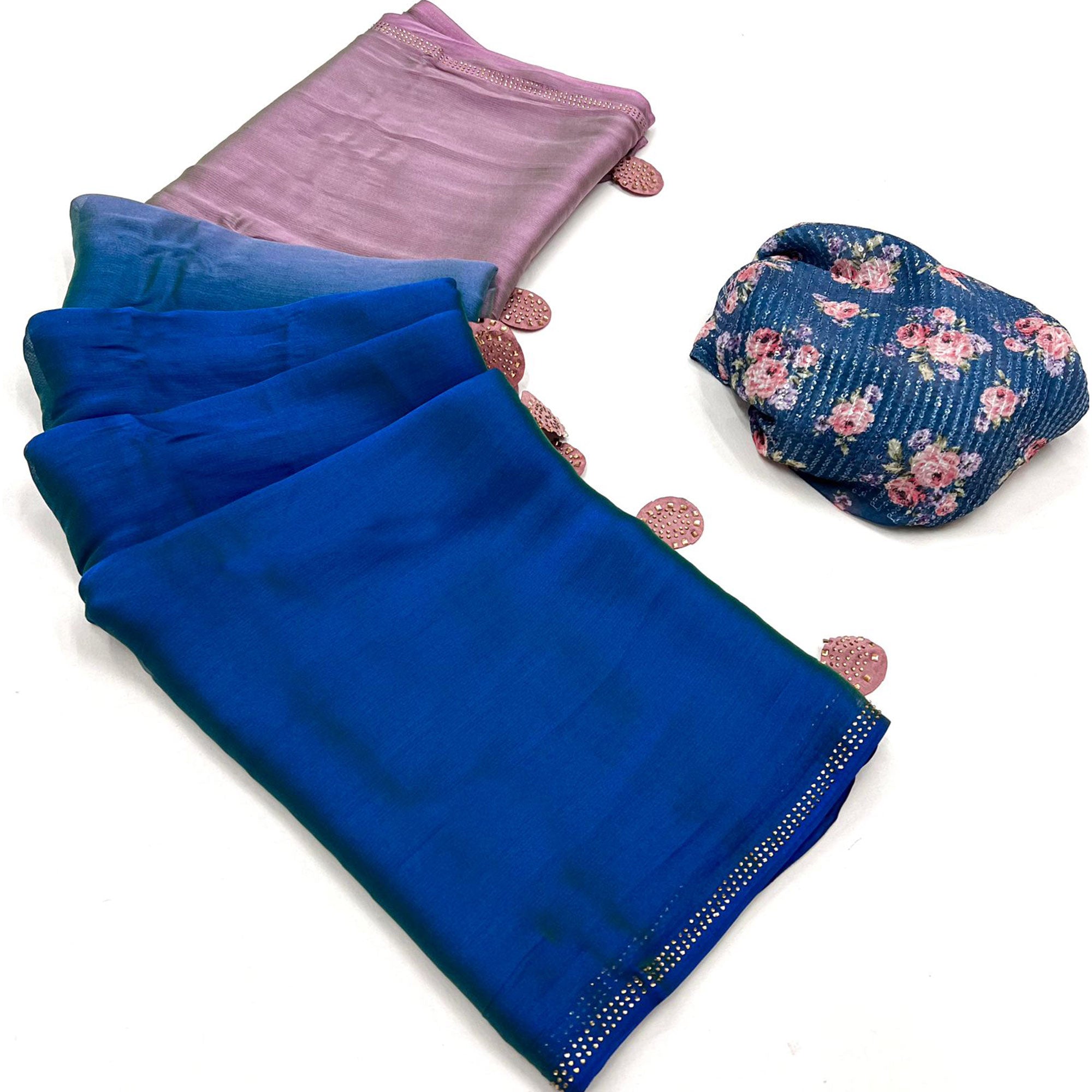 Blue Printed With Swarovski Work Chiffon Ombre Saree