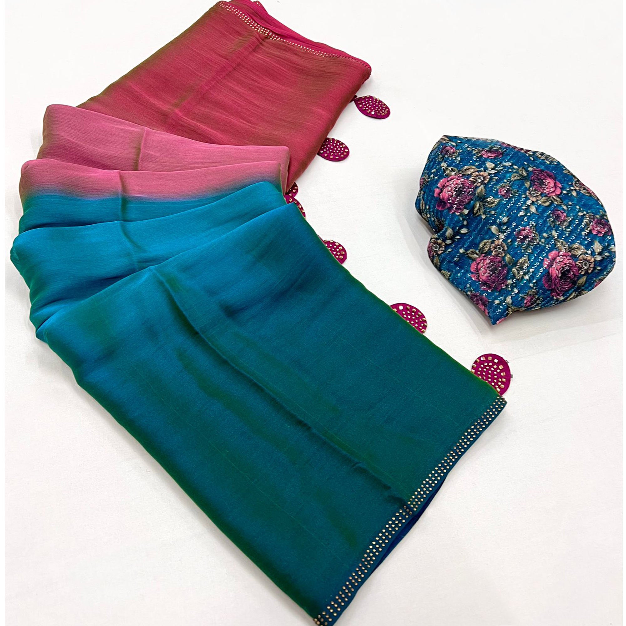 Blue & Pink Printed With Swarovski Work Chiffon Ombre Saree