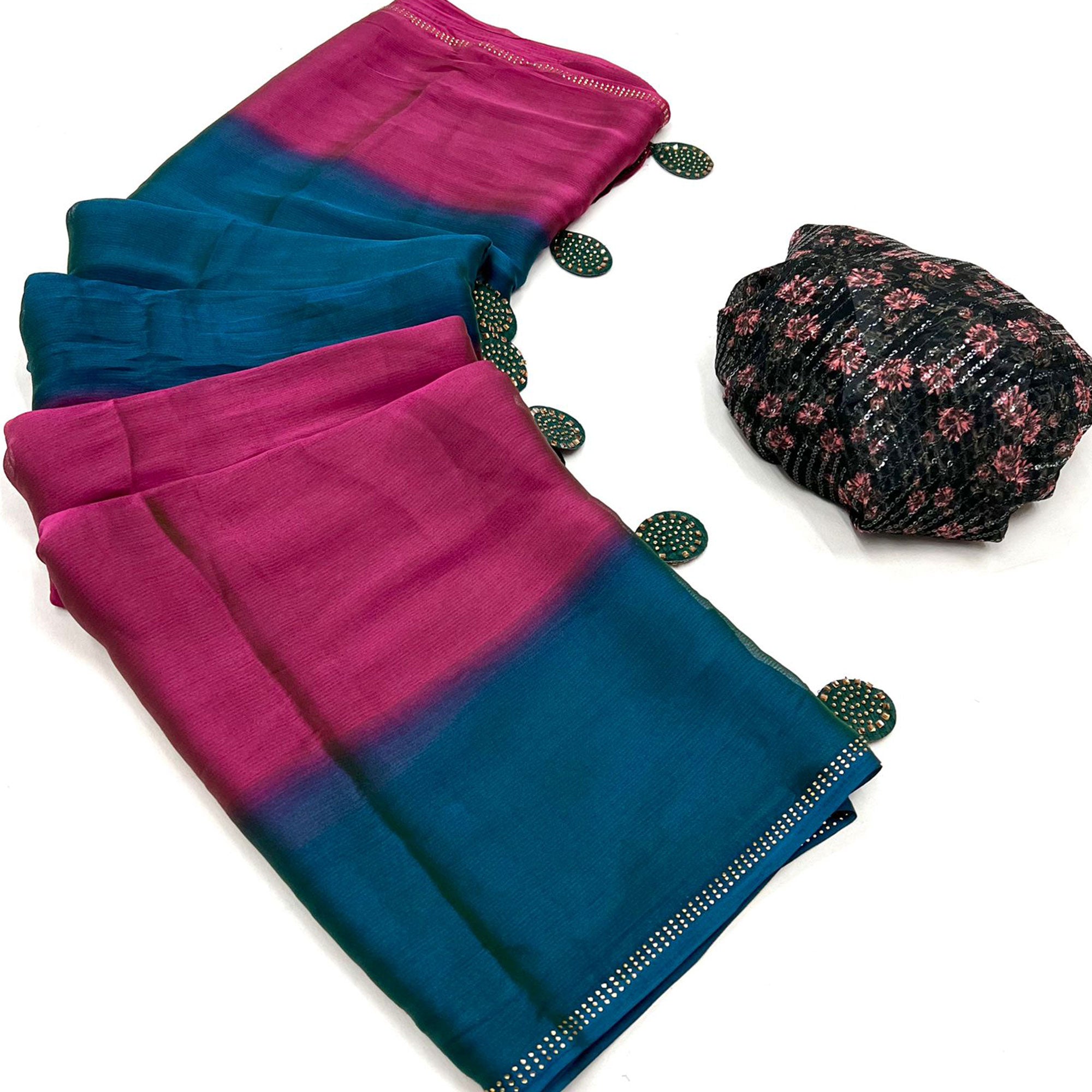 Blue & Pink Printed With Swarovski Work Chiffon Ombre Saree