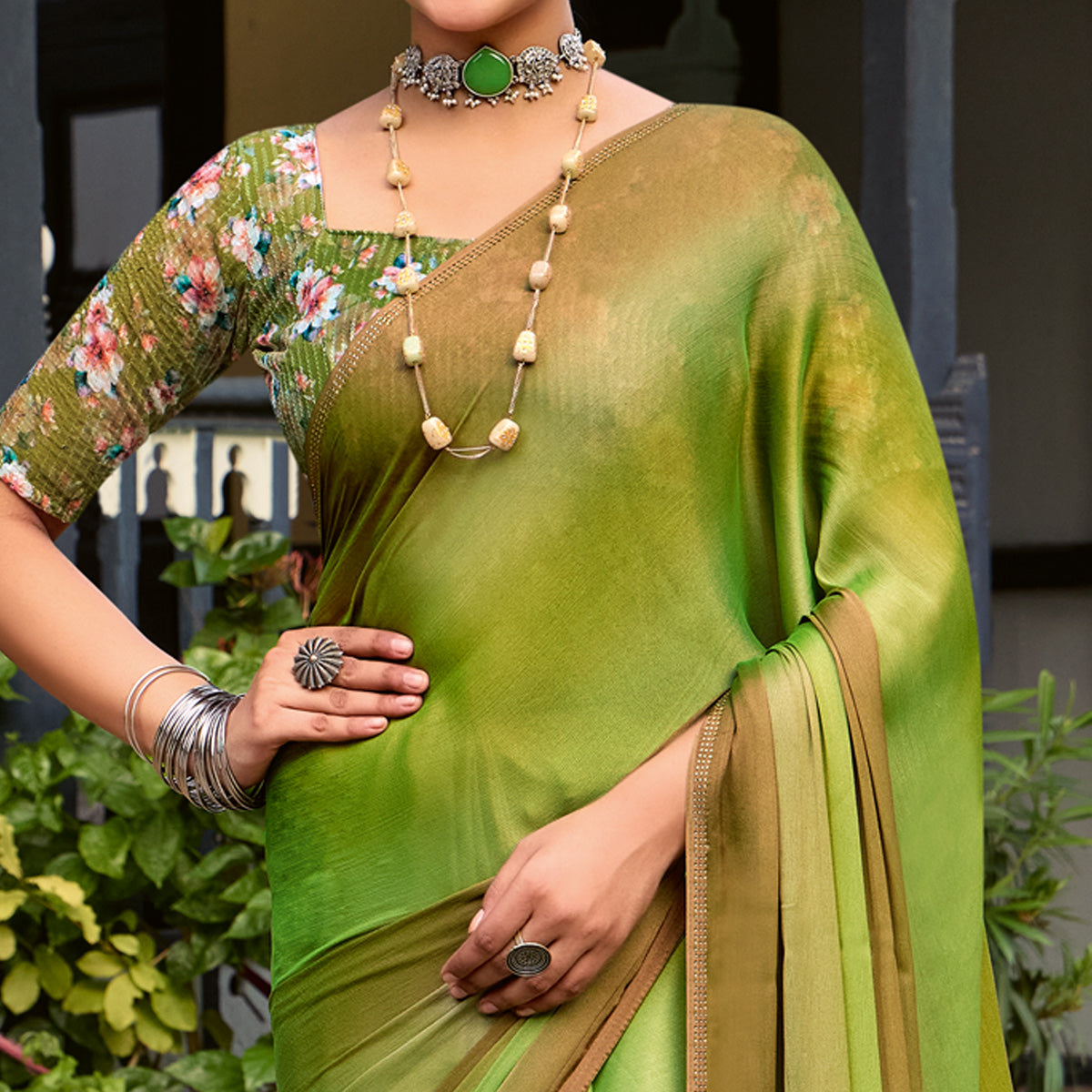 Green Ombre Print Chiffon Sarees