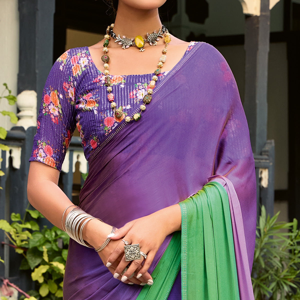 Purple & Green Ombre Print Chiffon Sarees