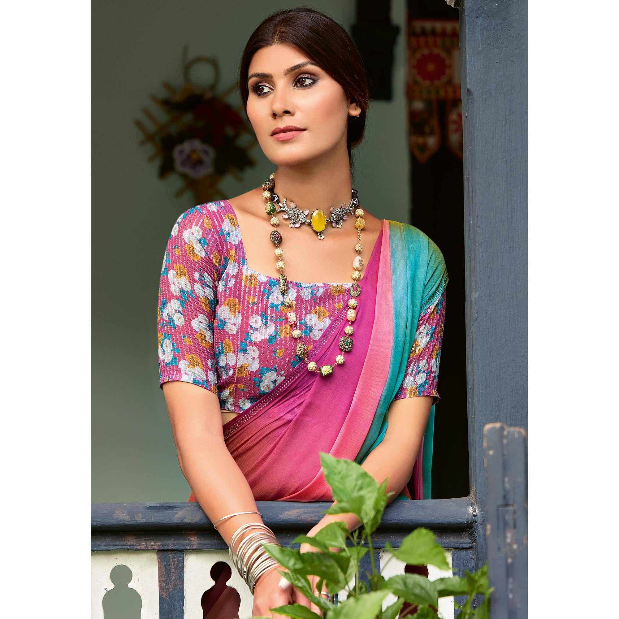 Pink & Turquoise Ombre Print Chiffon Sarees
