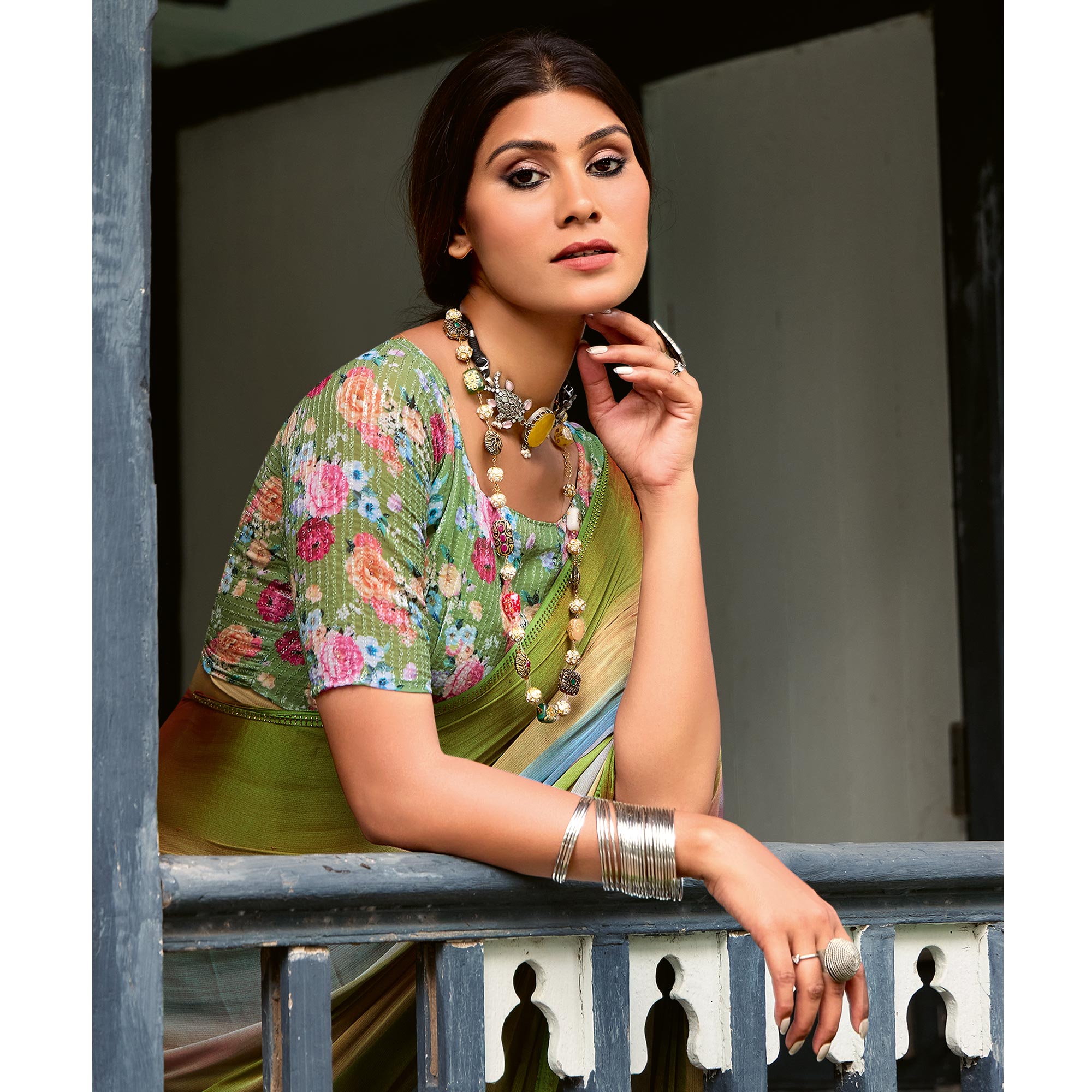 Green & Grey Ombre Print Chiffon Sarees
