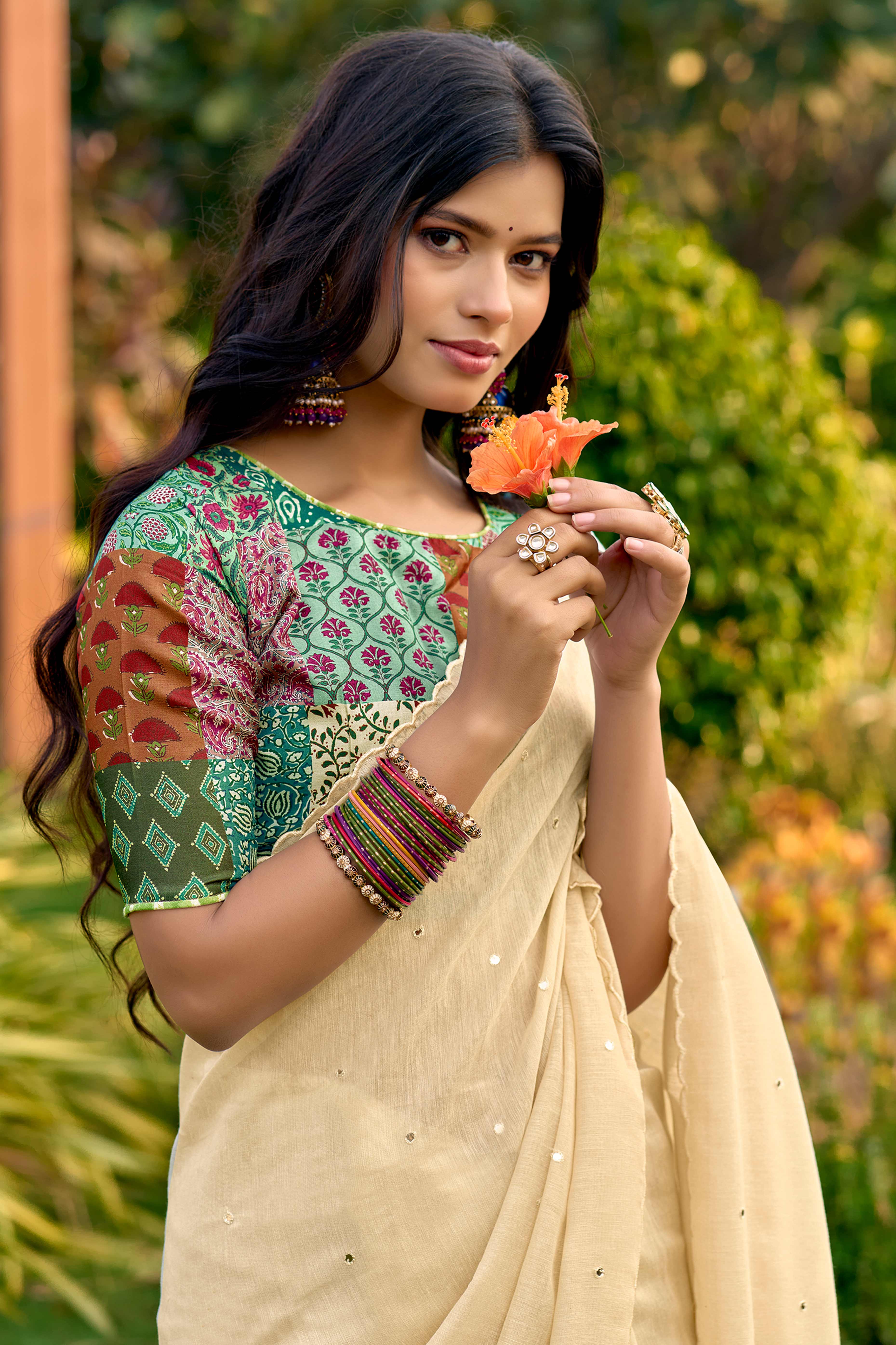 Timeless Cream Cotton Blend Drape Highlighted With Shimmering Mirror Embroidery Work