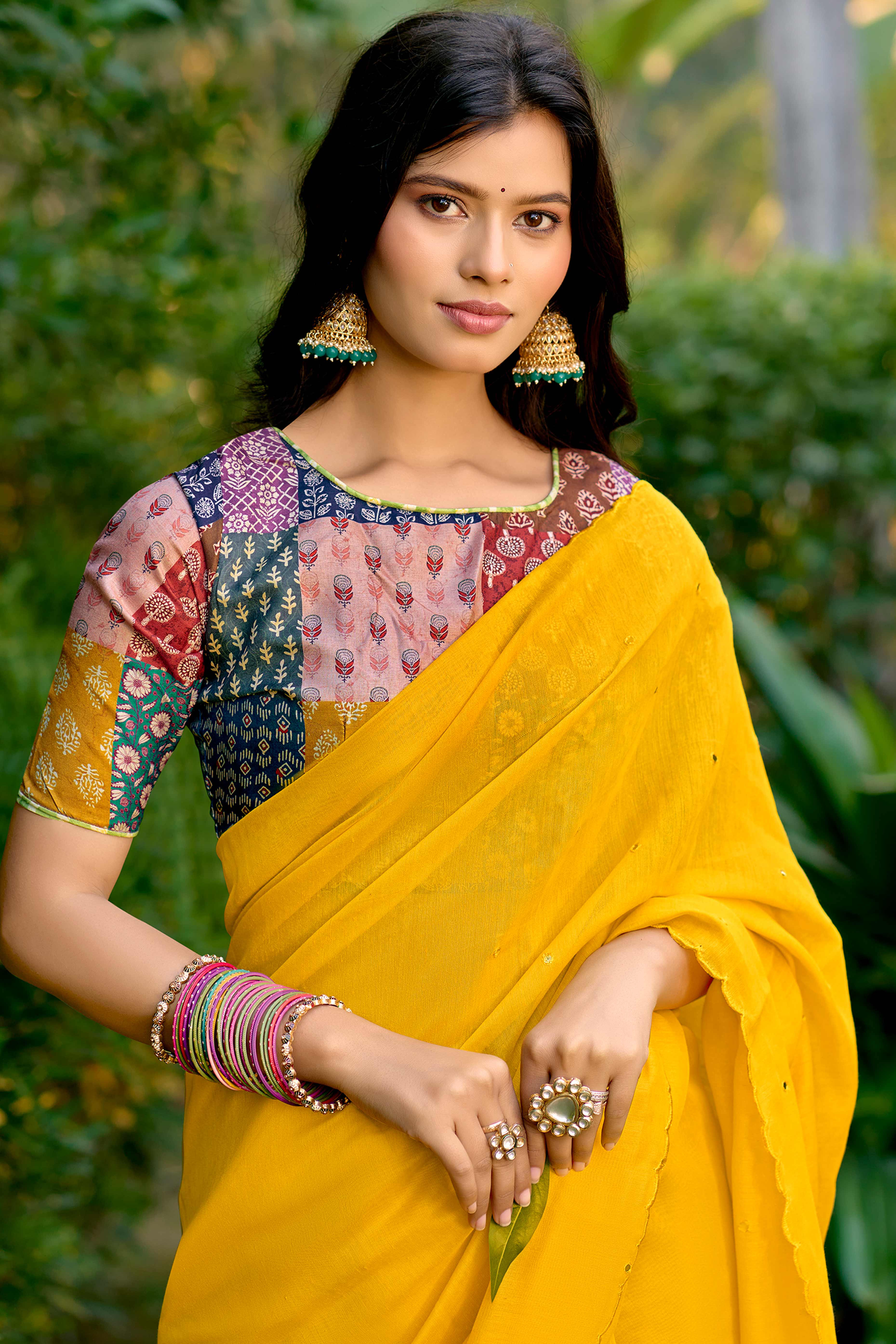 Timeless Yellow Cotton Blend Drape Highlighted With Shimmering Mirror Embroidery Work