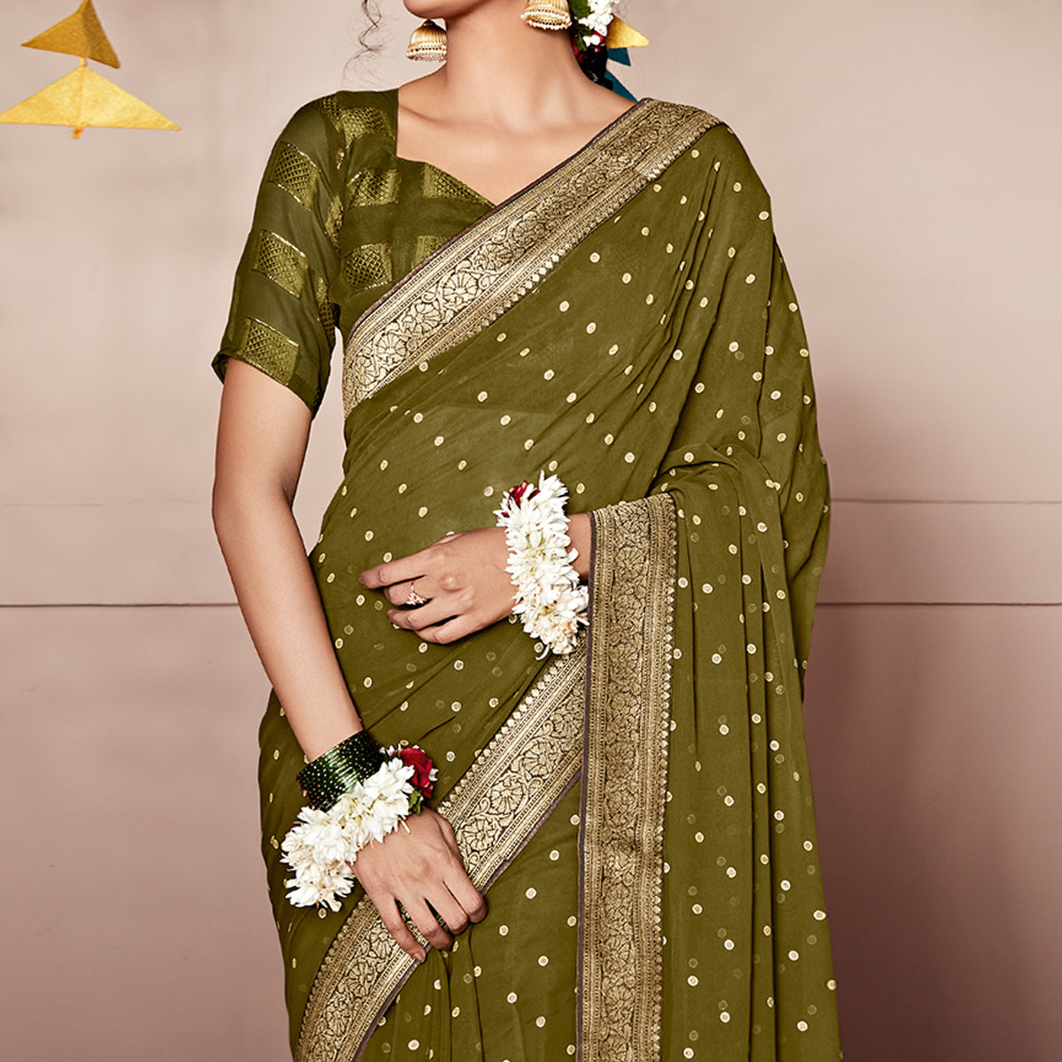 Mehendi Green Foil Printed With Woven Border Georgette Saree