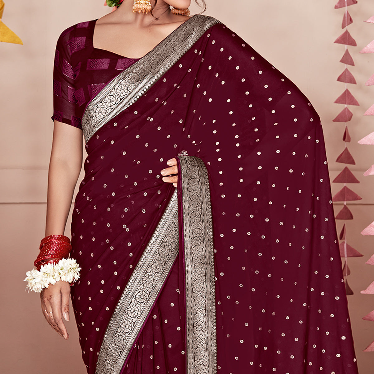 Maroon Foil Printed With Woven Border Georgette Saree