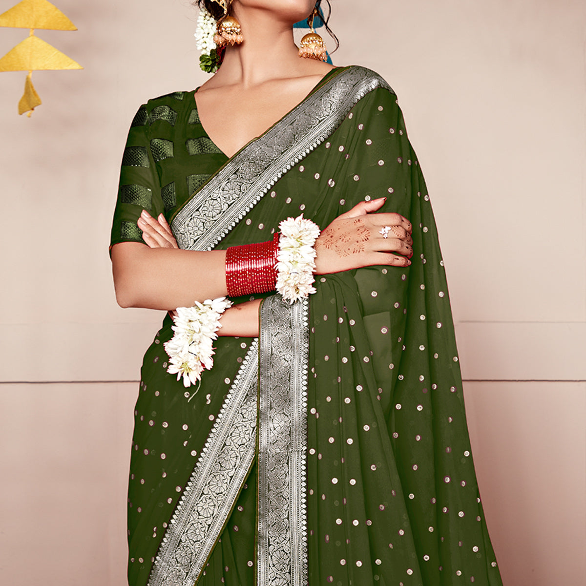 Green Foil Printed With Woven Border Georgette Saree