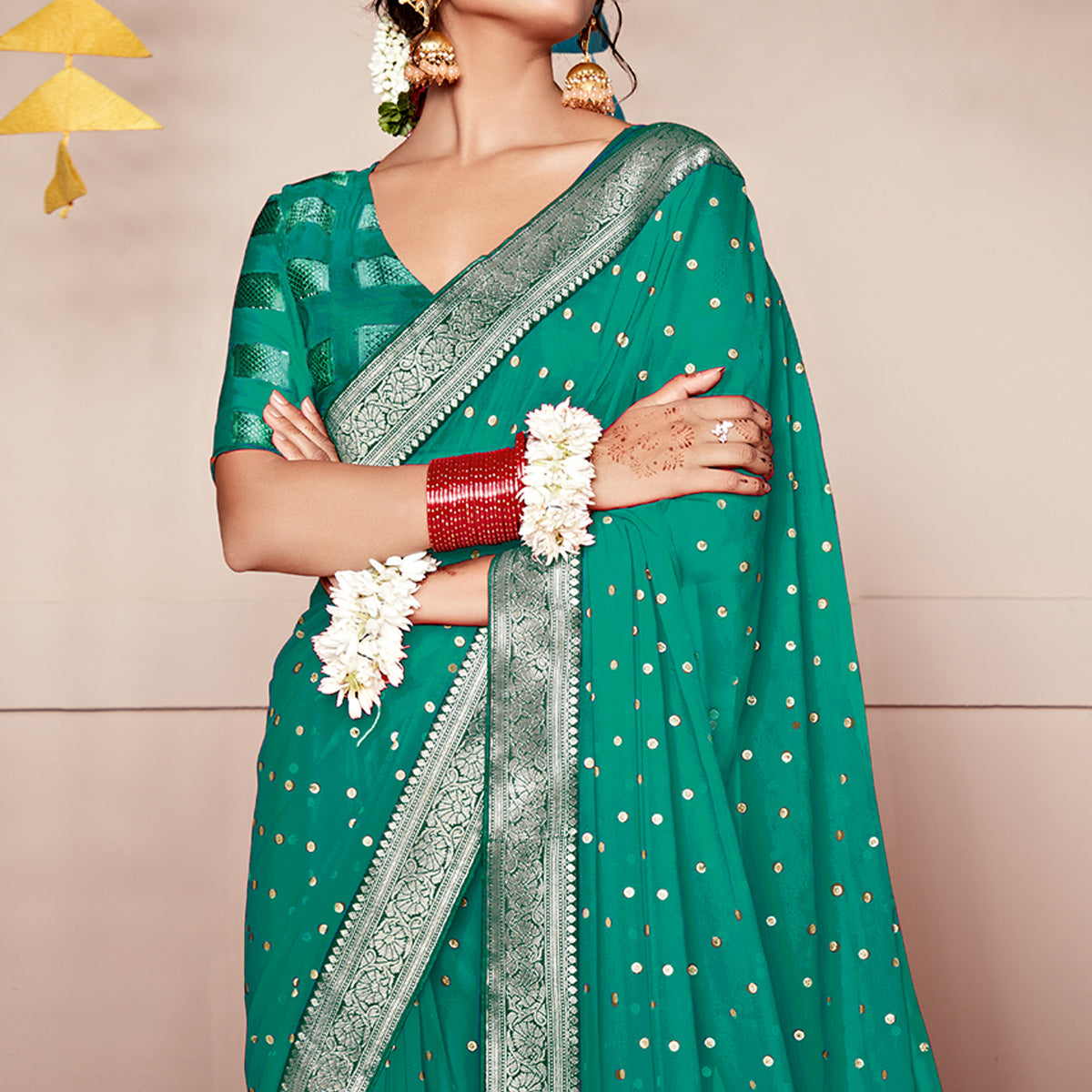 Rama Green Foil Printed With Woven Border Georgette Saree