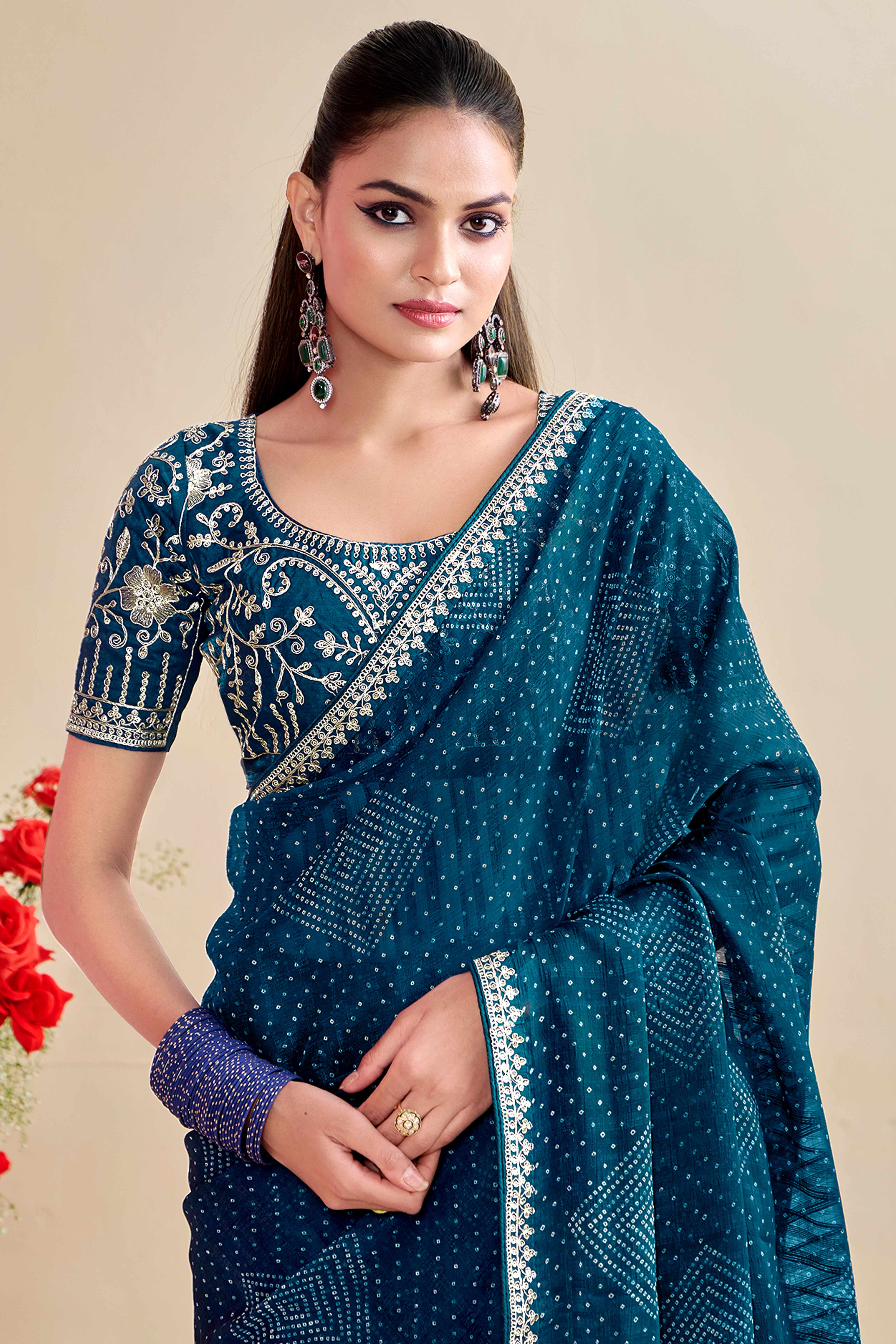 Dark Teal Blue Bandhani Printed Charm In Georgette With Sparkling Sequin Embroidered Border