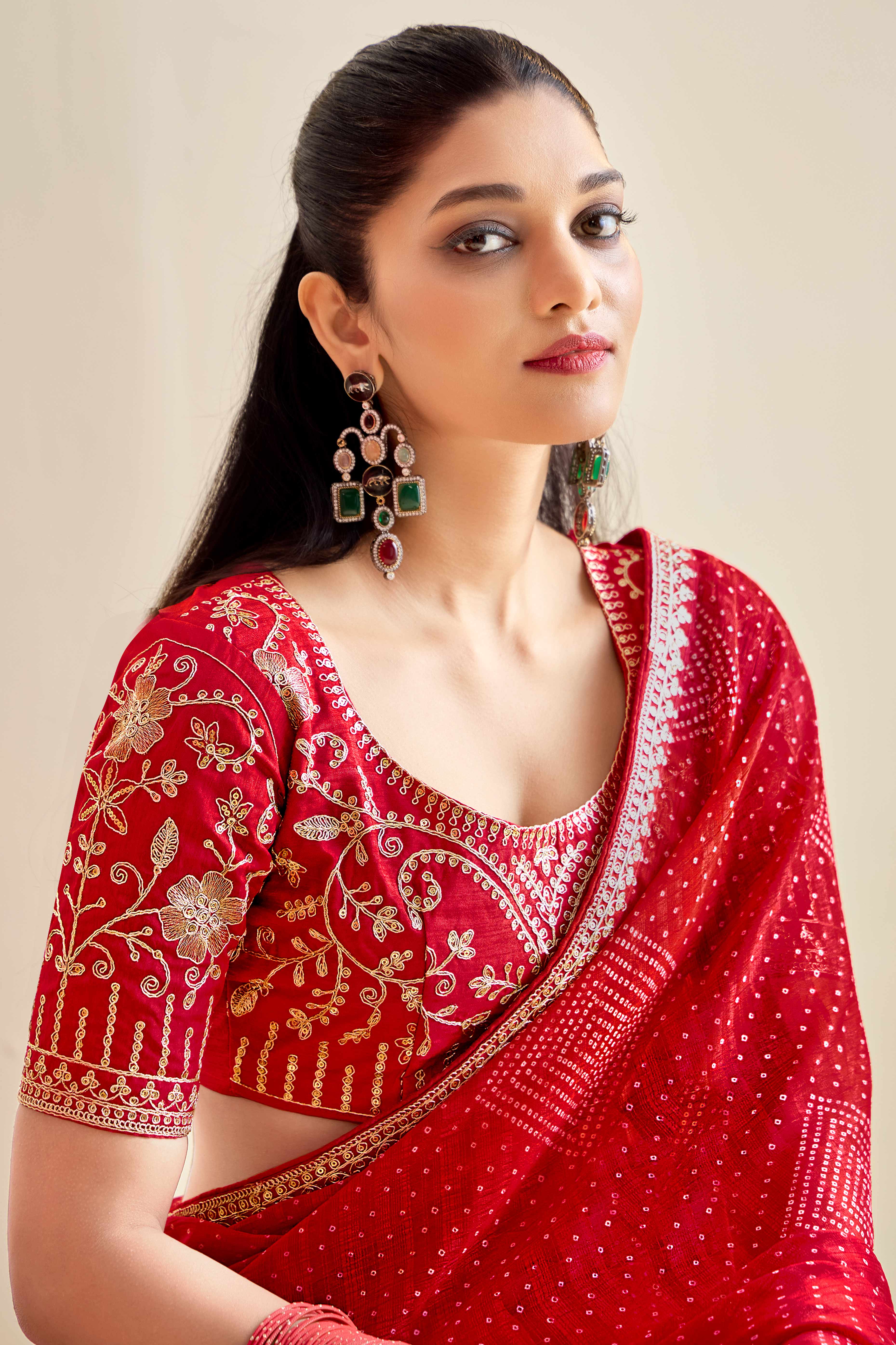 Bright Red Bandhani Printed Charm In Georgette With Sparkling Sequin Embroidered Border