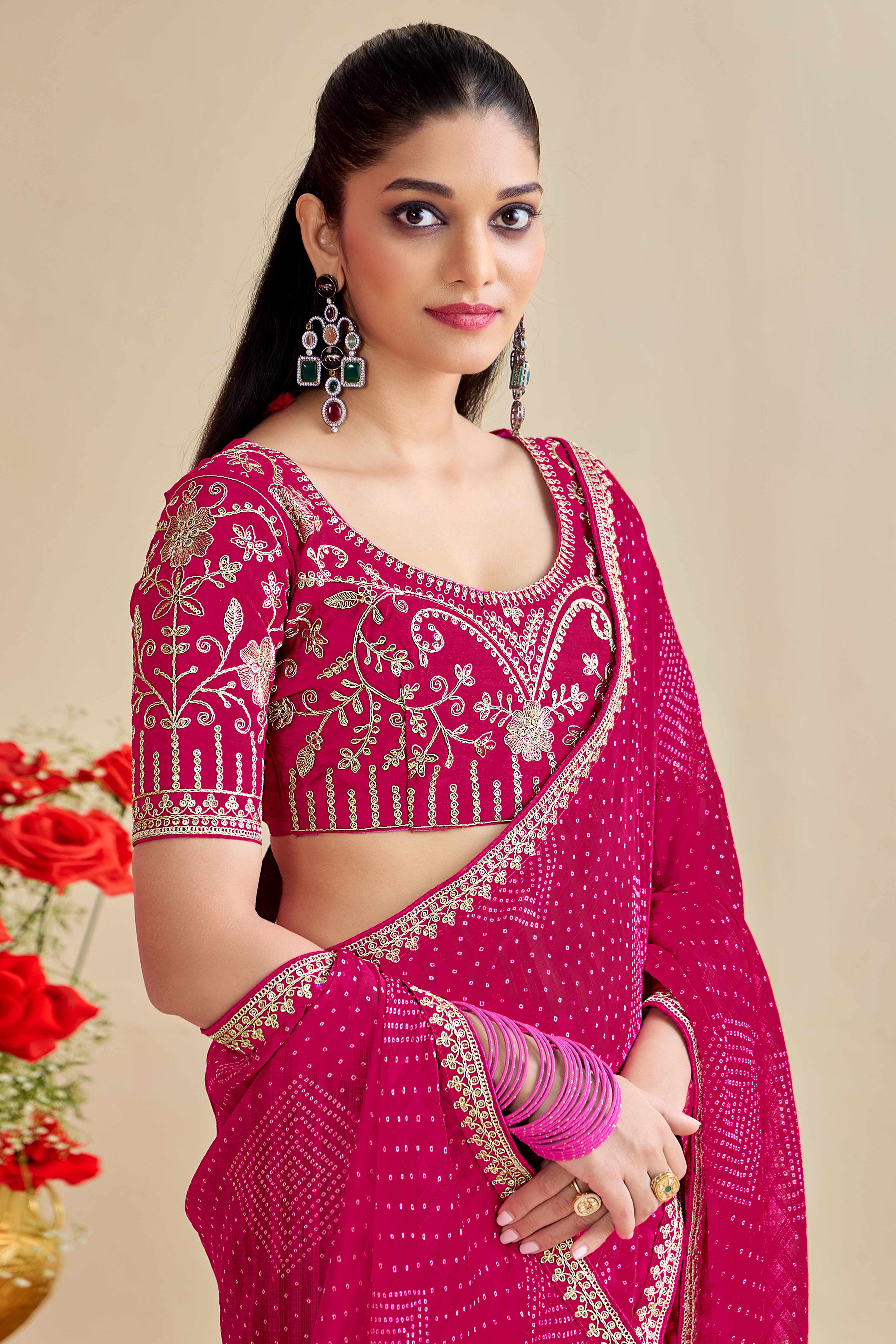 Rani Pink Bandhani Printed Charm In Georgette With Sparkling Sequin Embroidered Border