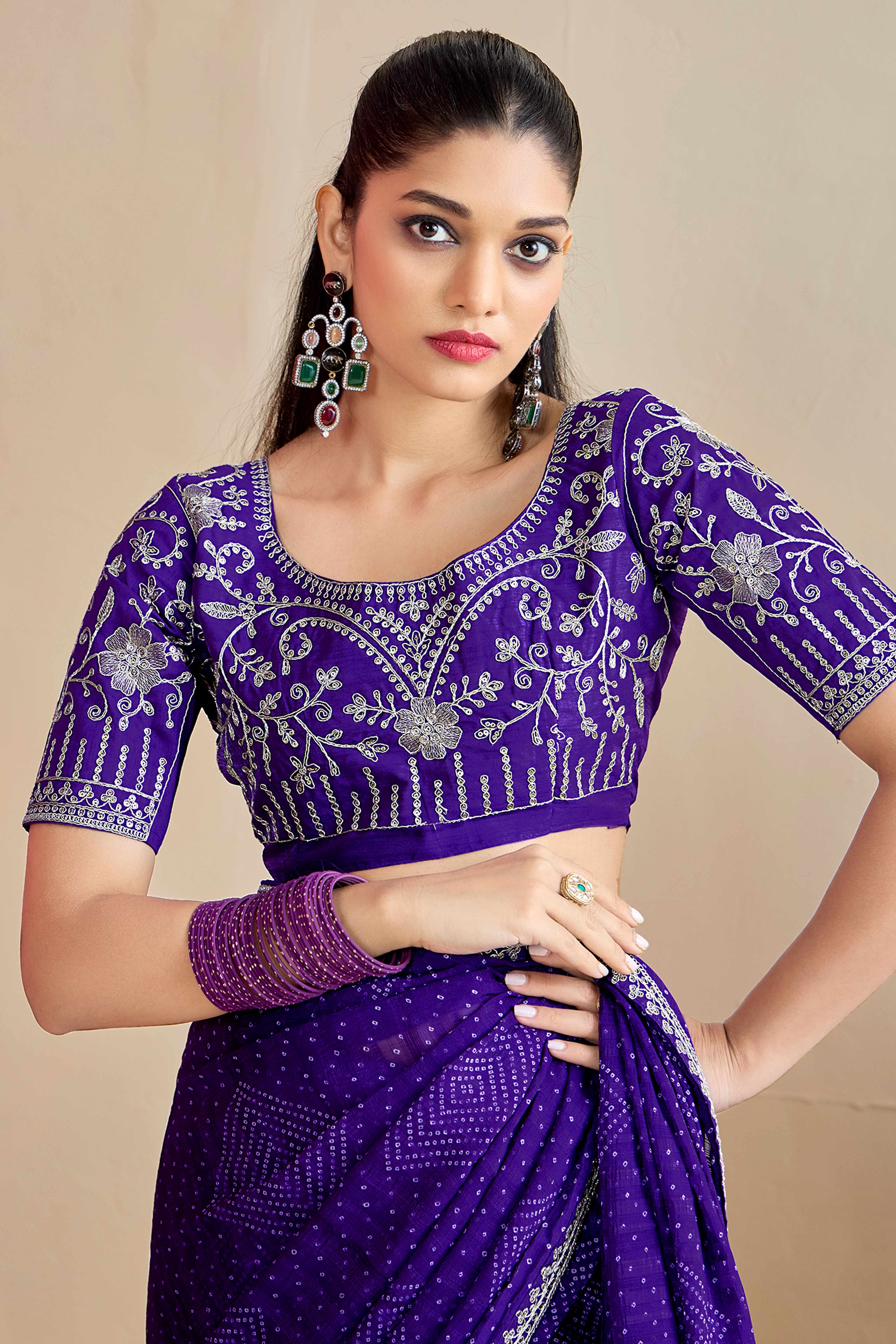 Royal Purple Bandhani Printed Charm In Georgette With Sparkling Sequin Embroidered Border
