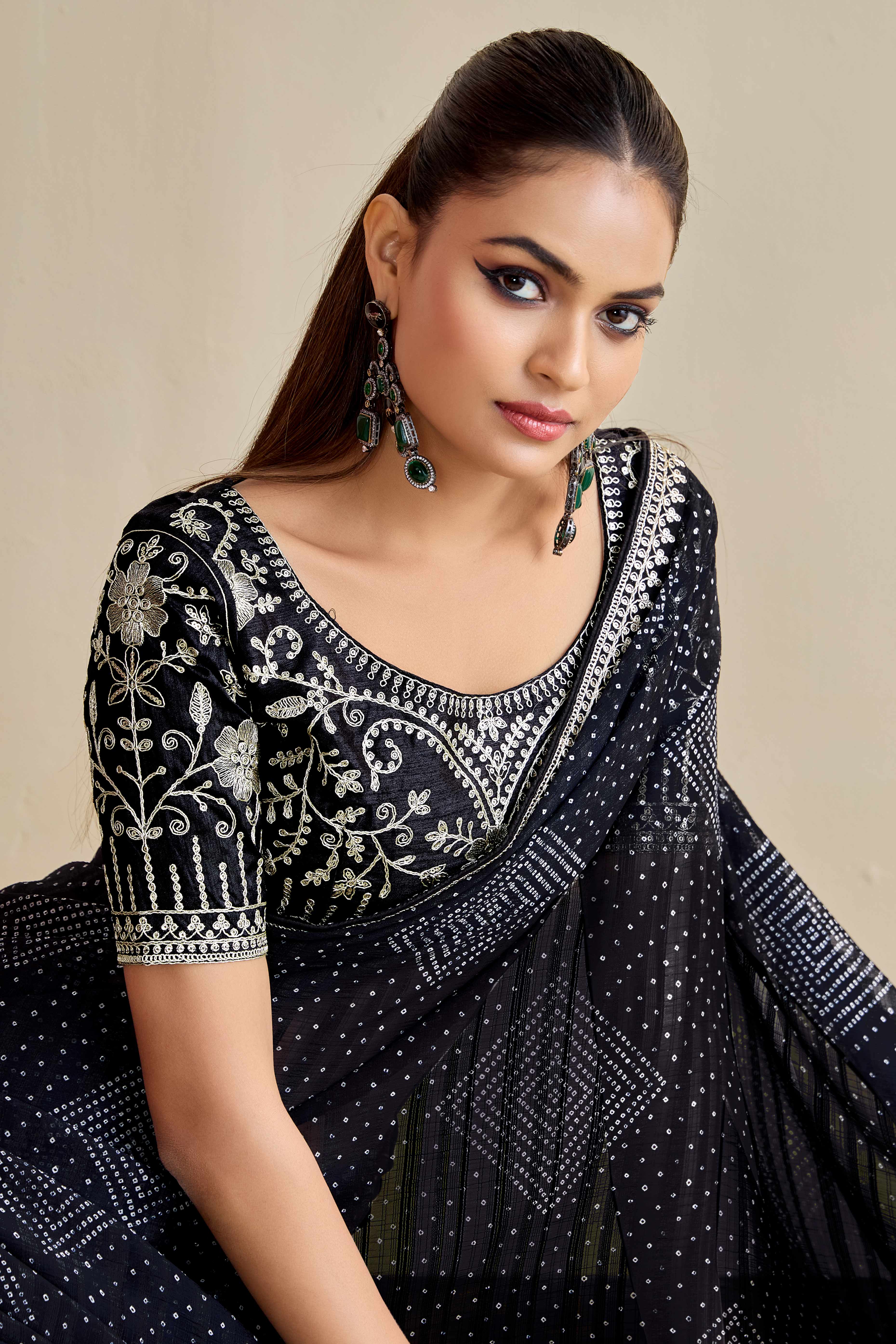 Black Bandhani Printed Charm In Georgette With Sparkling Sequin Embroidered Border