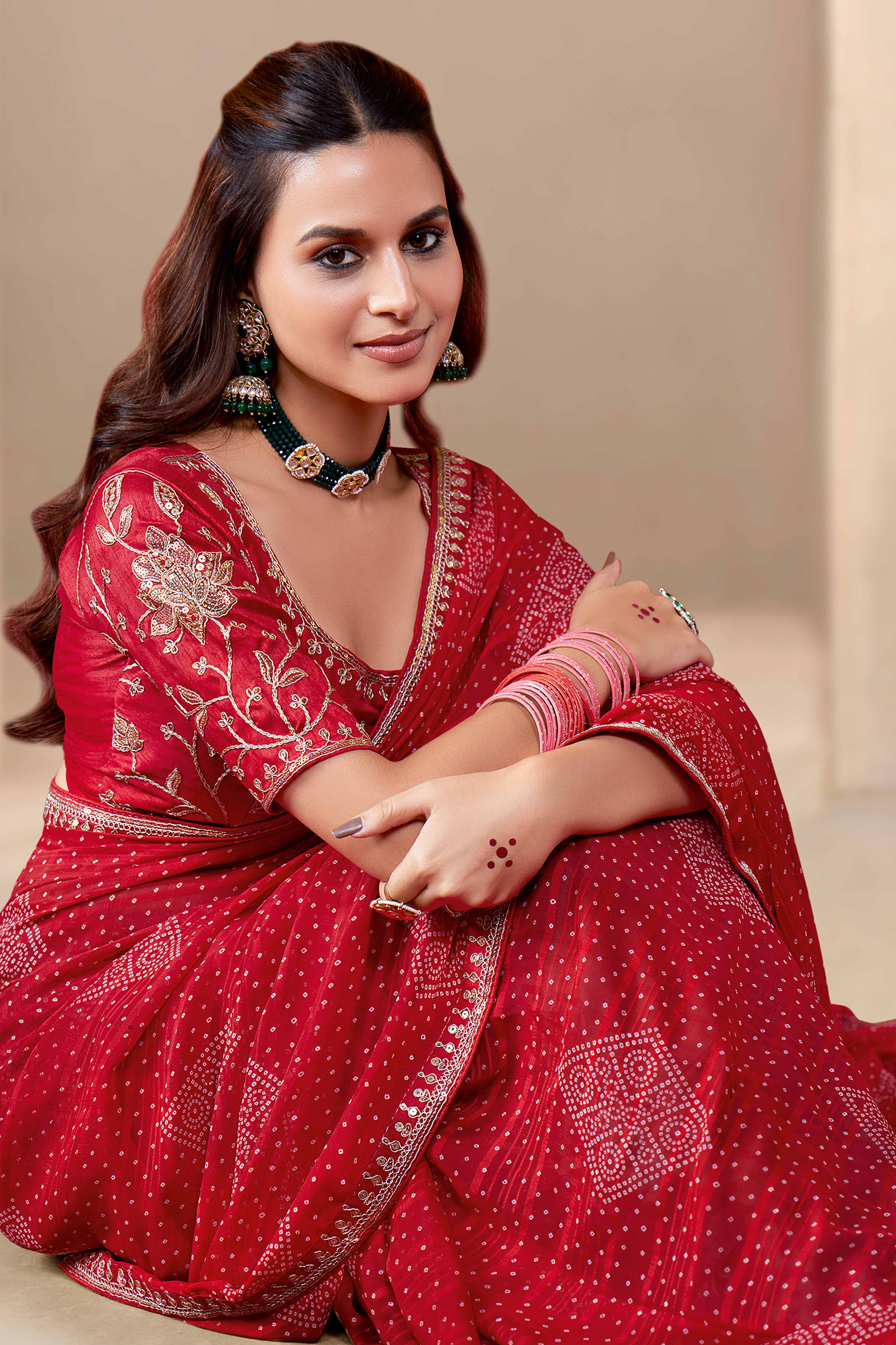 Red Bandhani Printed Georgette Saree Enhanced With Sequins & Cording Embroidered Lace Border