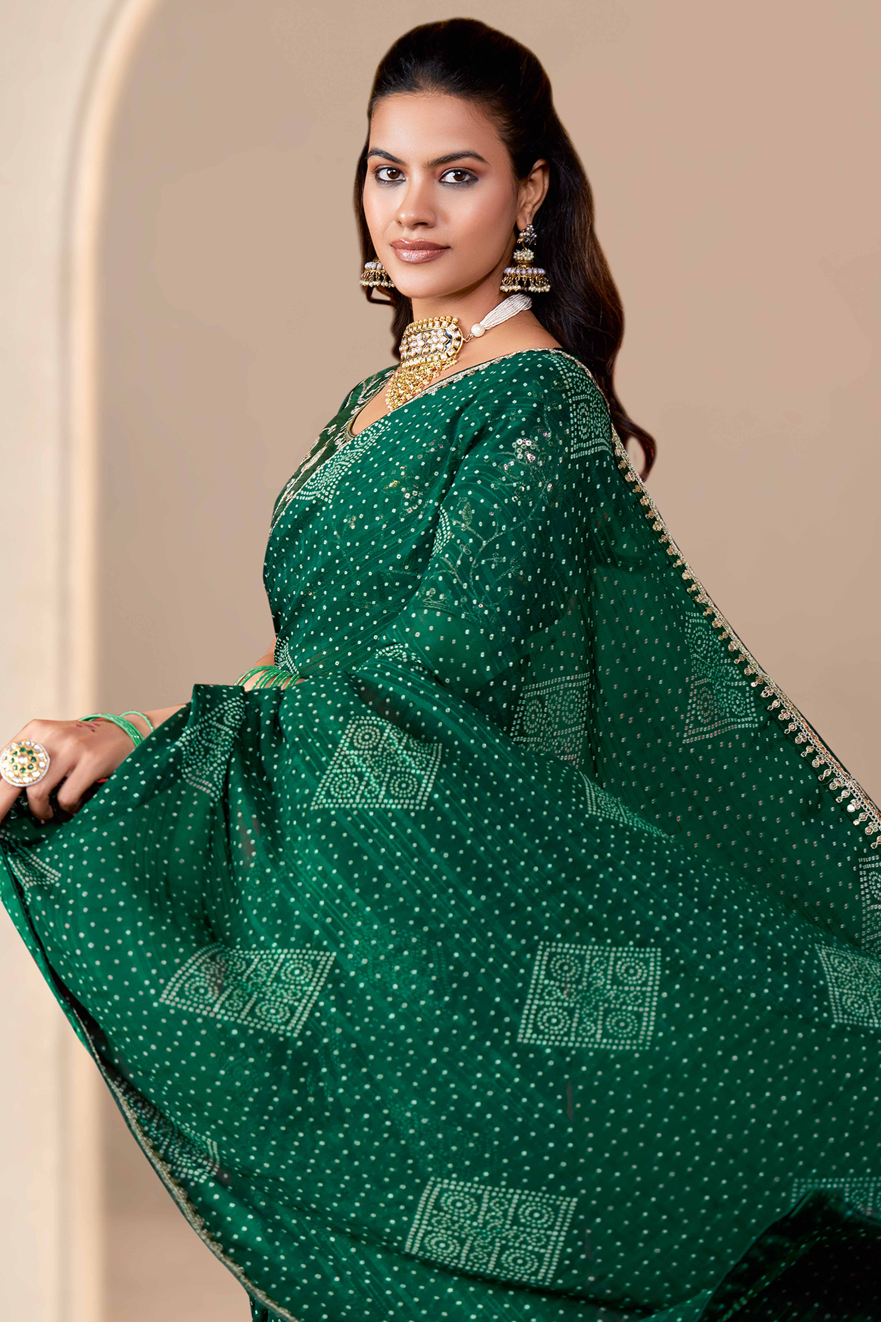 Green Bandhani Printed Georgette Saree Enhanced With Sequins & Cording Embroidered Lace Border