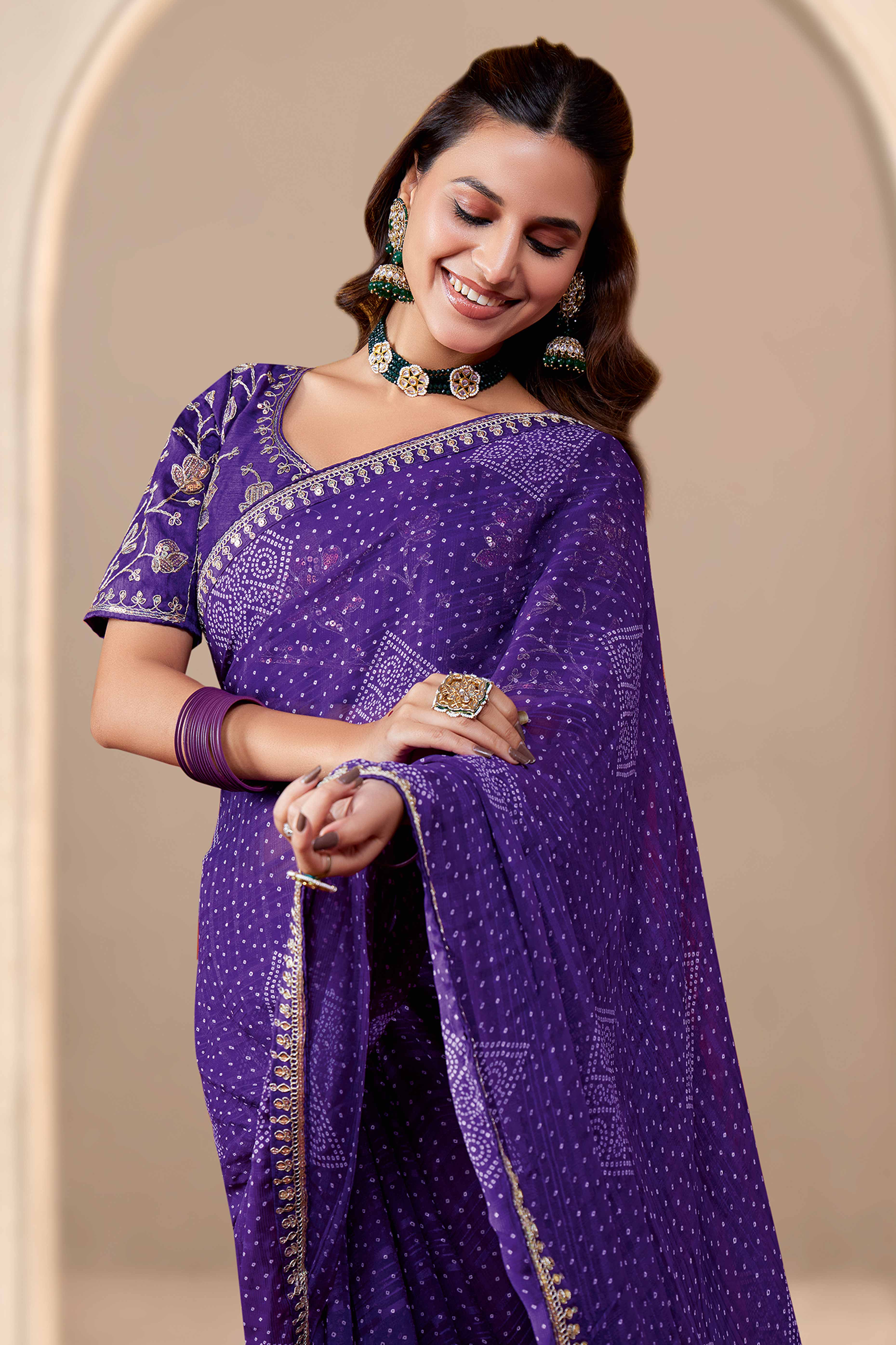 Royal Purple Bandhani Printed Georgette Saree Enhanced With Sequins & Cording Embroidered Border