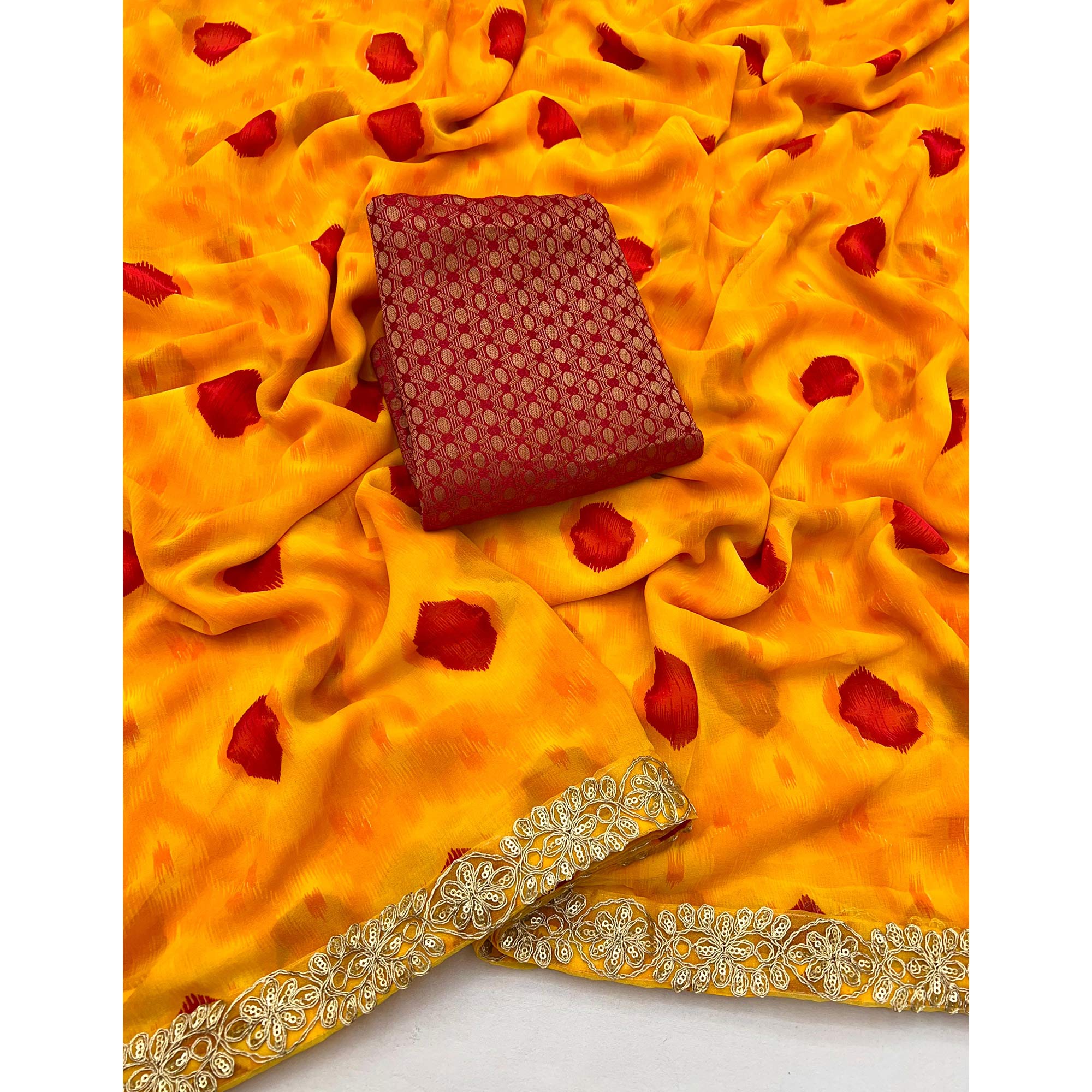 Orange Bandhani Printed Georgette Saree With Sequins Border