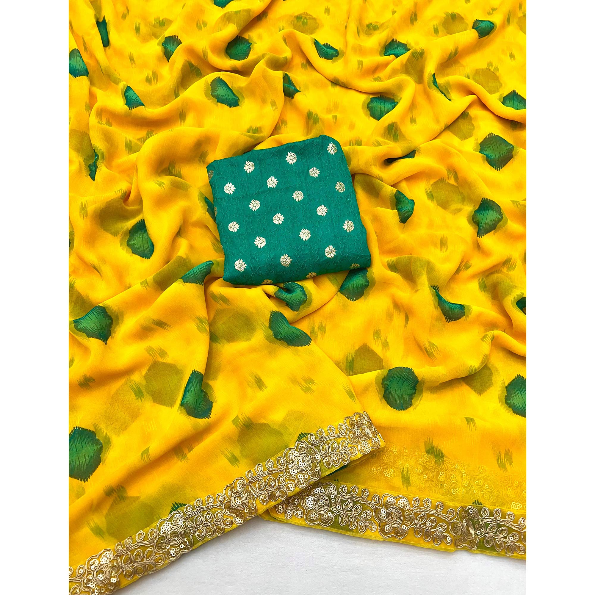 Yellow Bandhani Printed Georgette Saree With Sequins Border