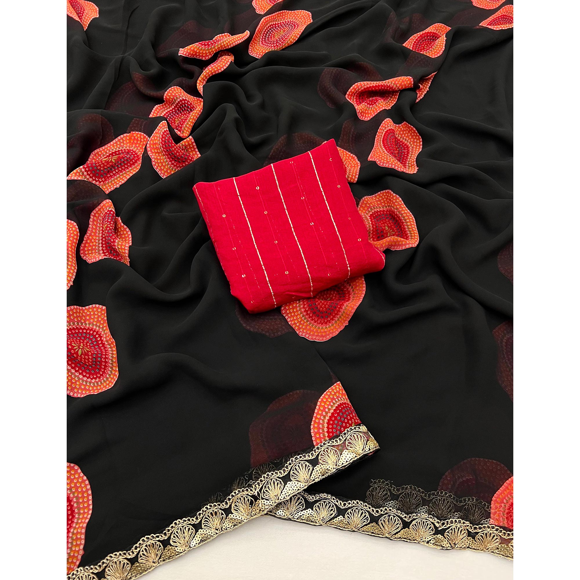 Black Bandhani Printed Georgette Saree With Sequins Border