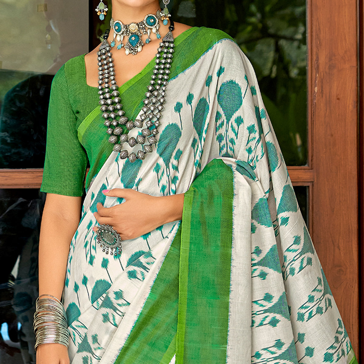 White & Green Ikkat Printed Mulmul Cotton Saree