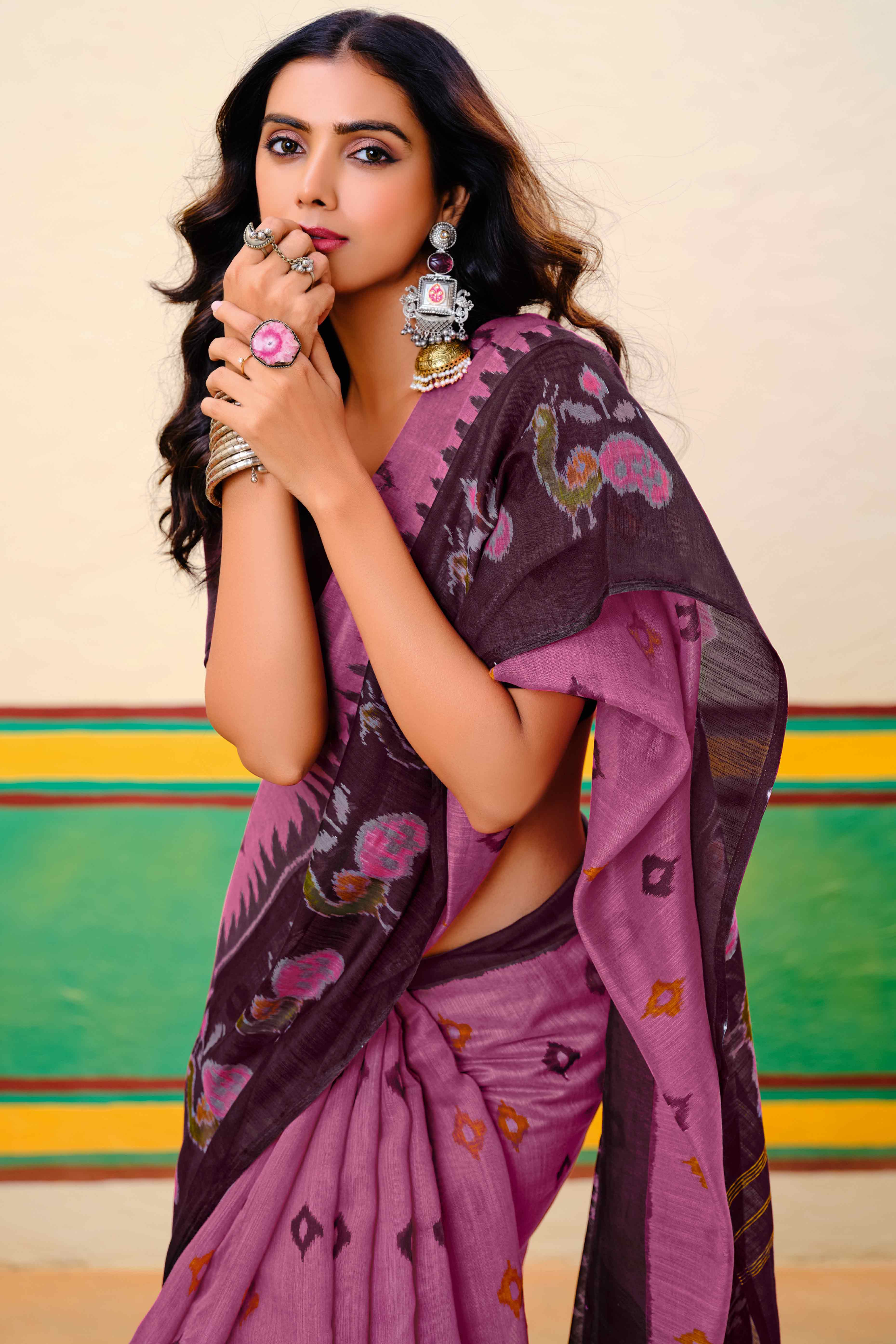 Pink Ikkat Printed Mulmul Cotton Saree