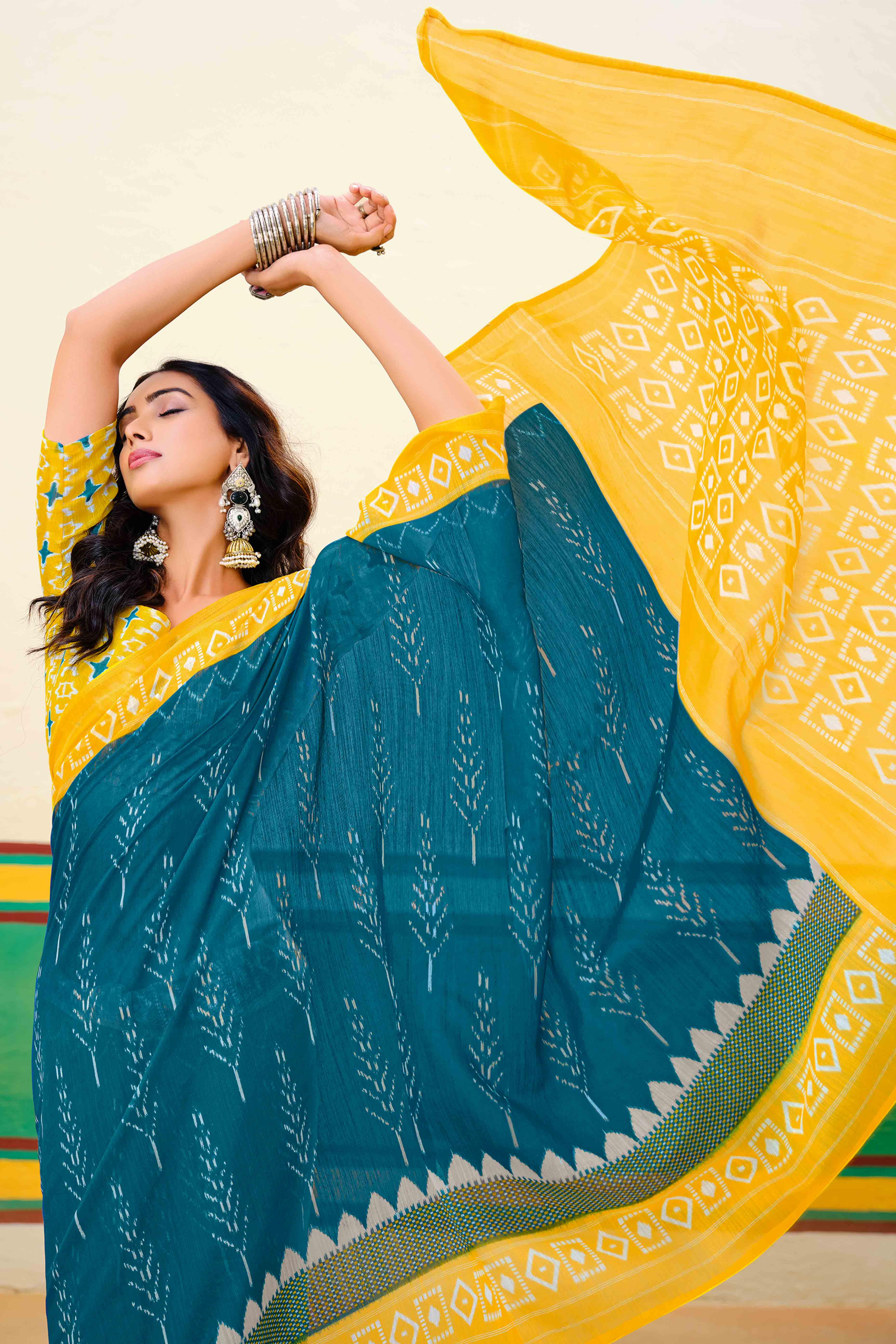 Teal Ikkat Printed Mulmul Cotton Saree