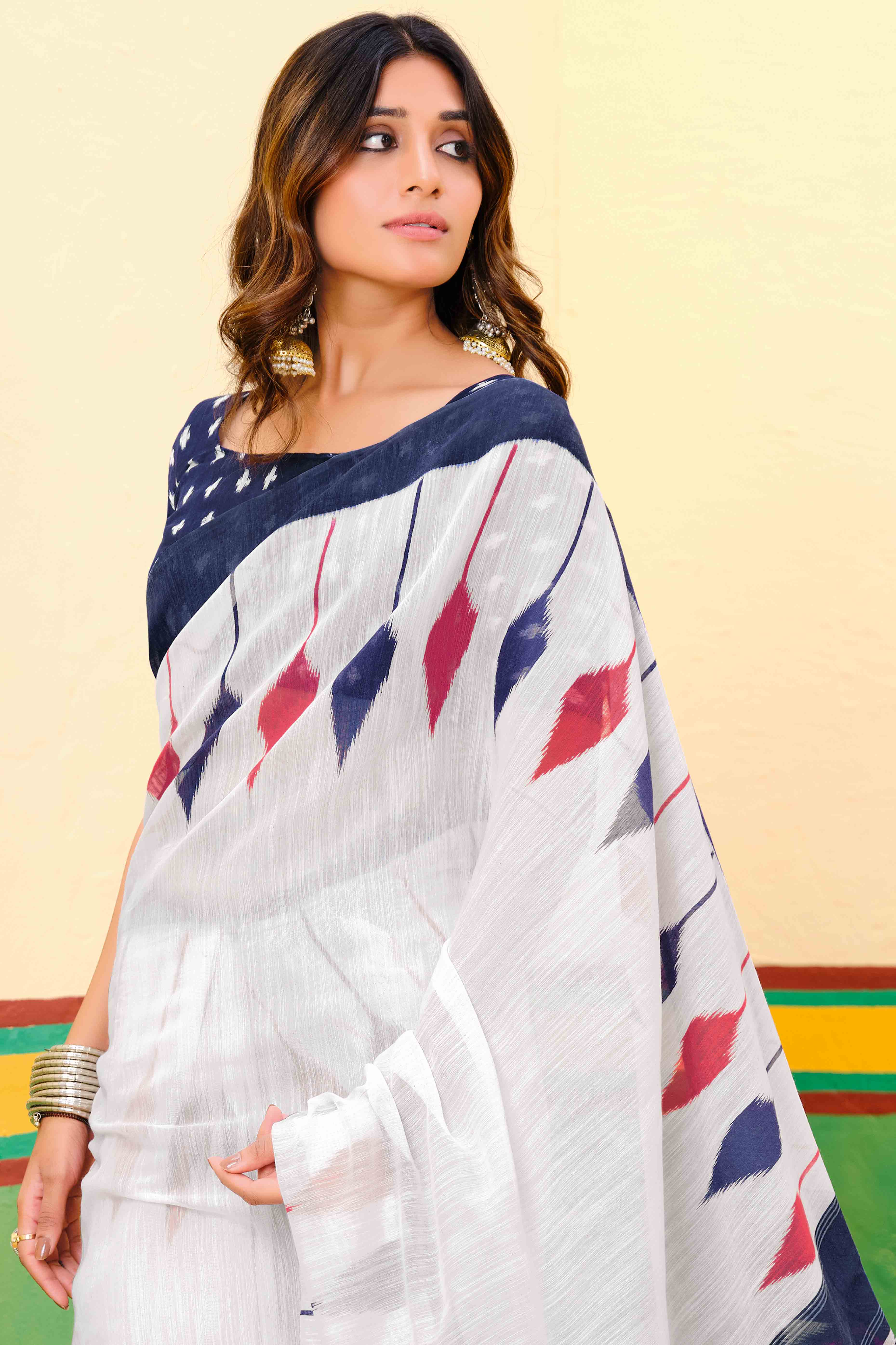 White Ikkat Printed Mulmul Cotton Saree