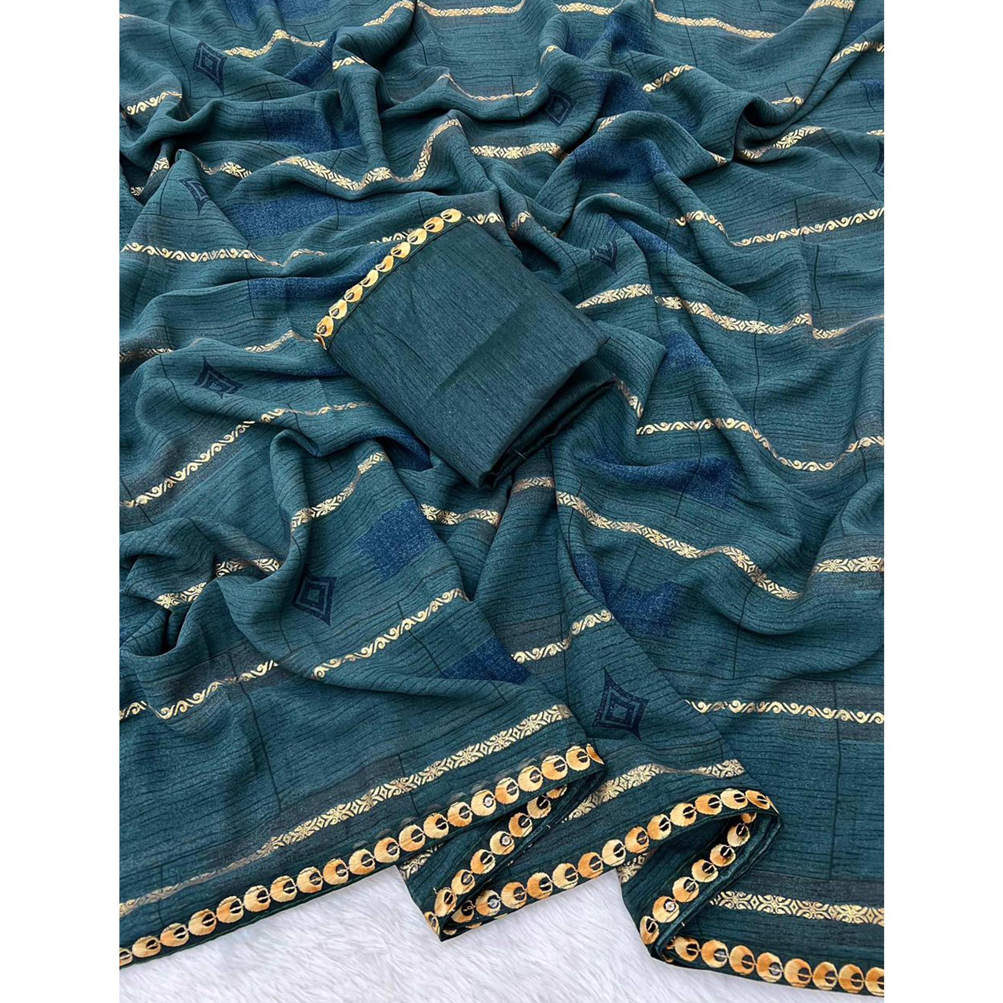 Teal Soft Crush Georgette Printed Saree