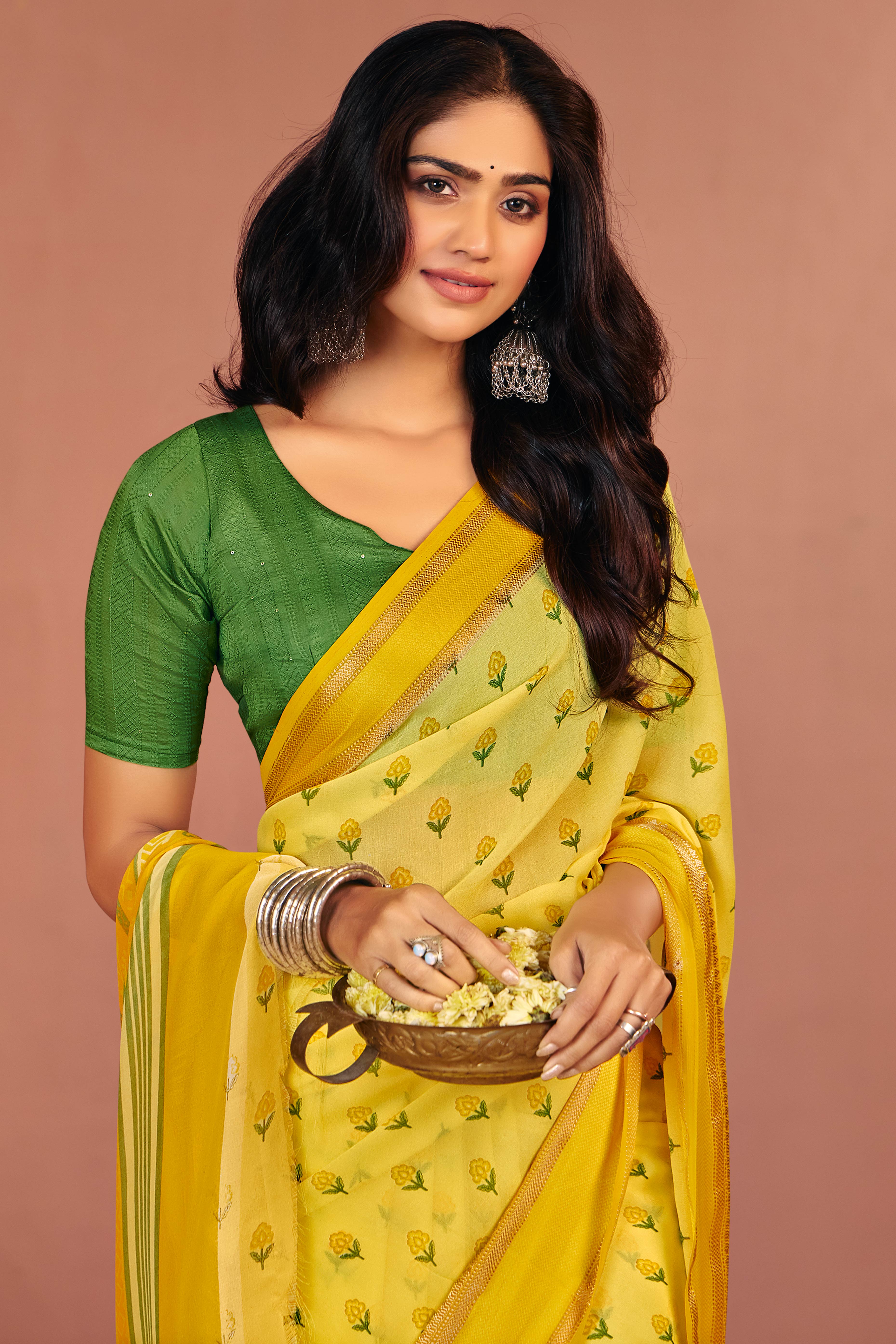 Yellow Partywear Georgette Saree with Floral Prints and Refined Woven Border