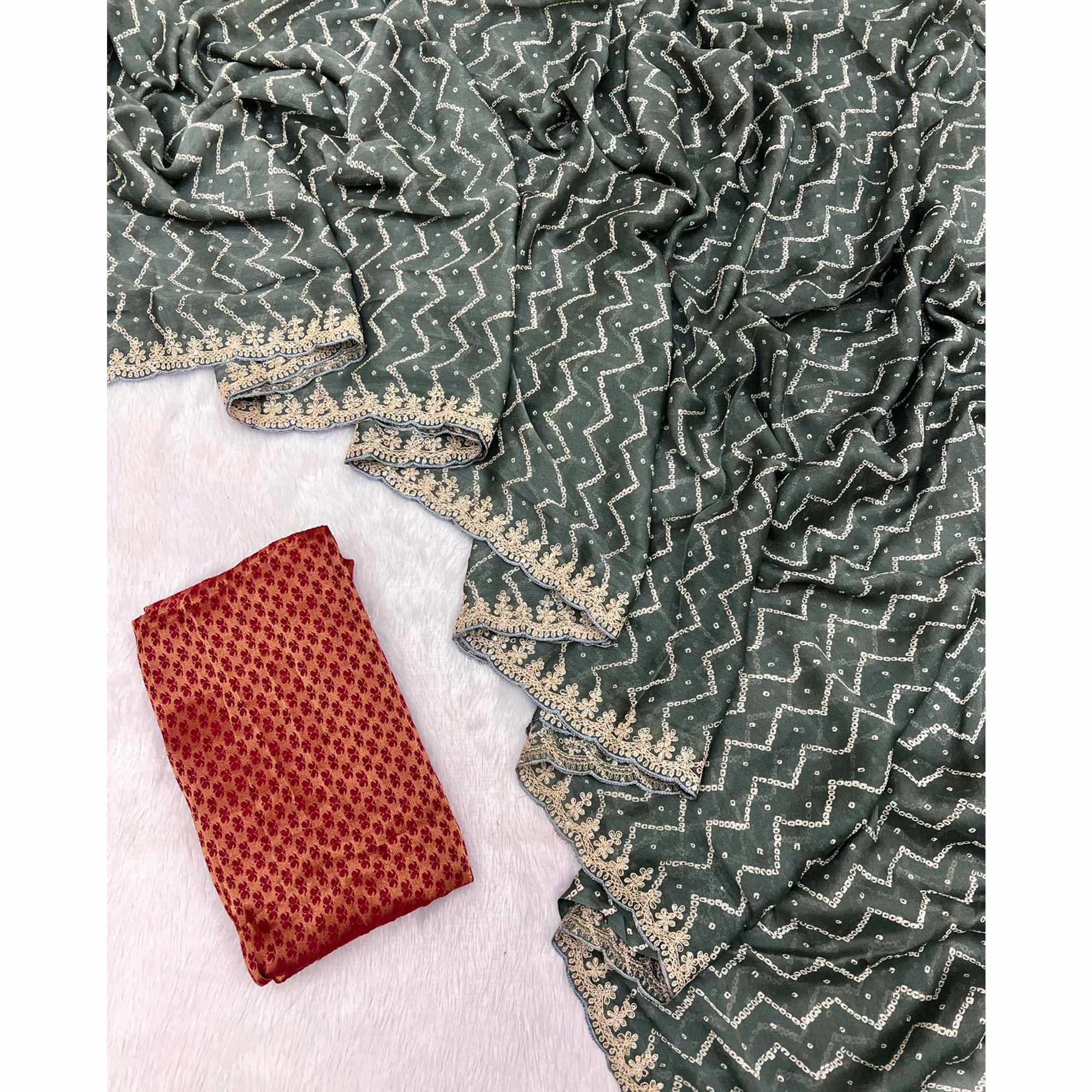 Grey Bandhani Printed Chiffon Saree With Sequins Embroidered Border