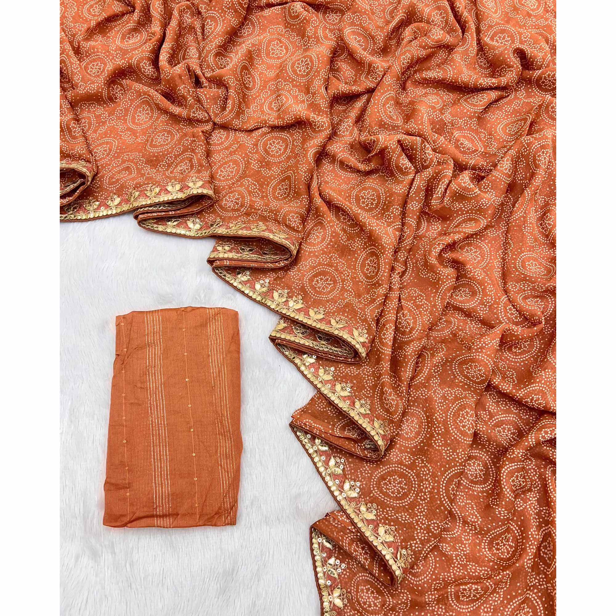 Rust Bandhani Printed Chiffon Saree With Sequins Embroidered Border