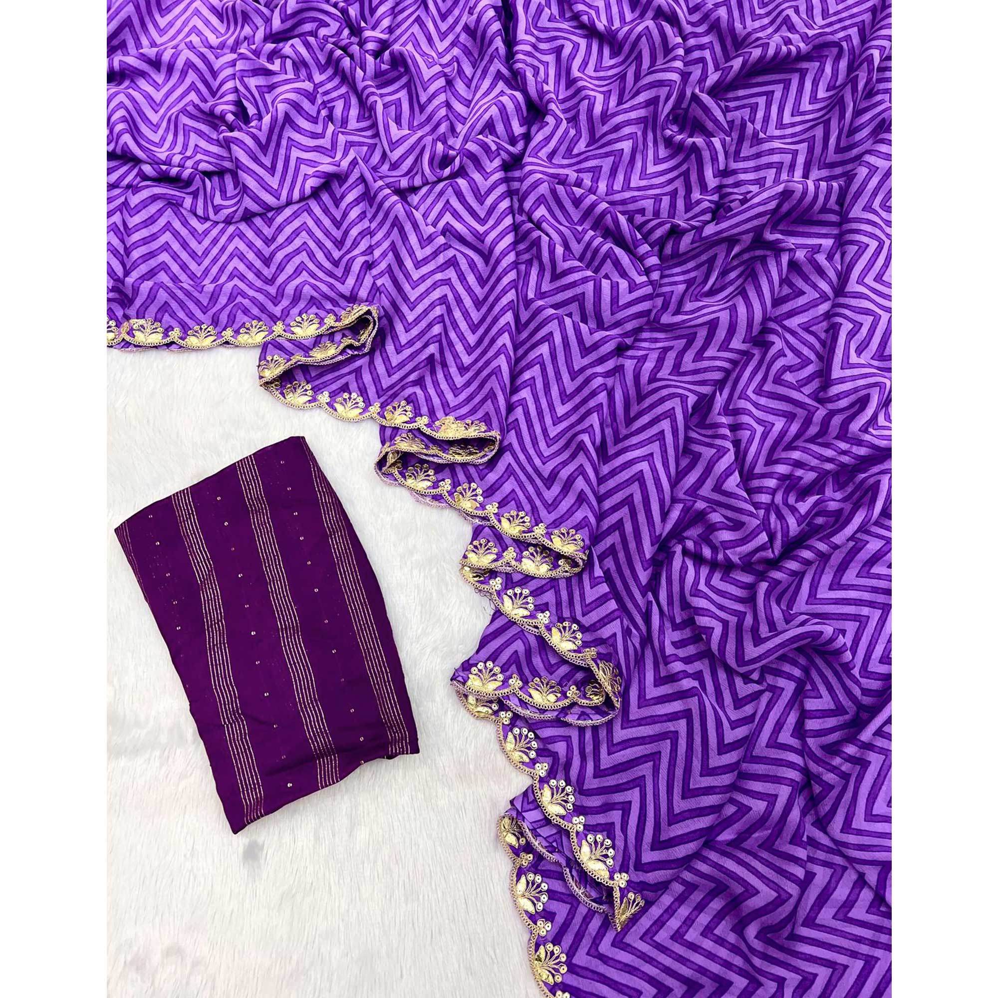 Purple Zig Zag Printed Chiffon Saree With Sequins Embroidered Border